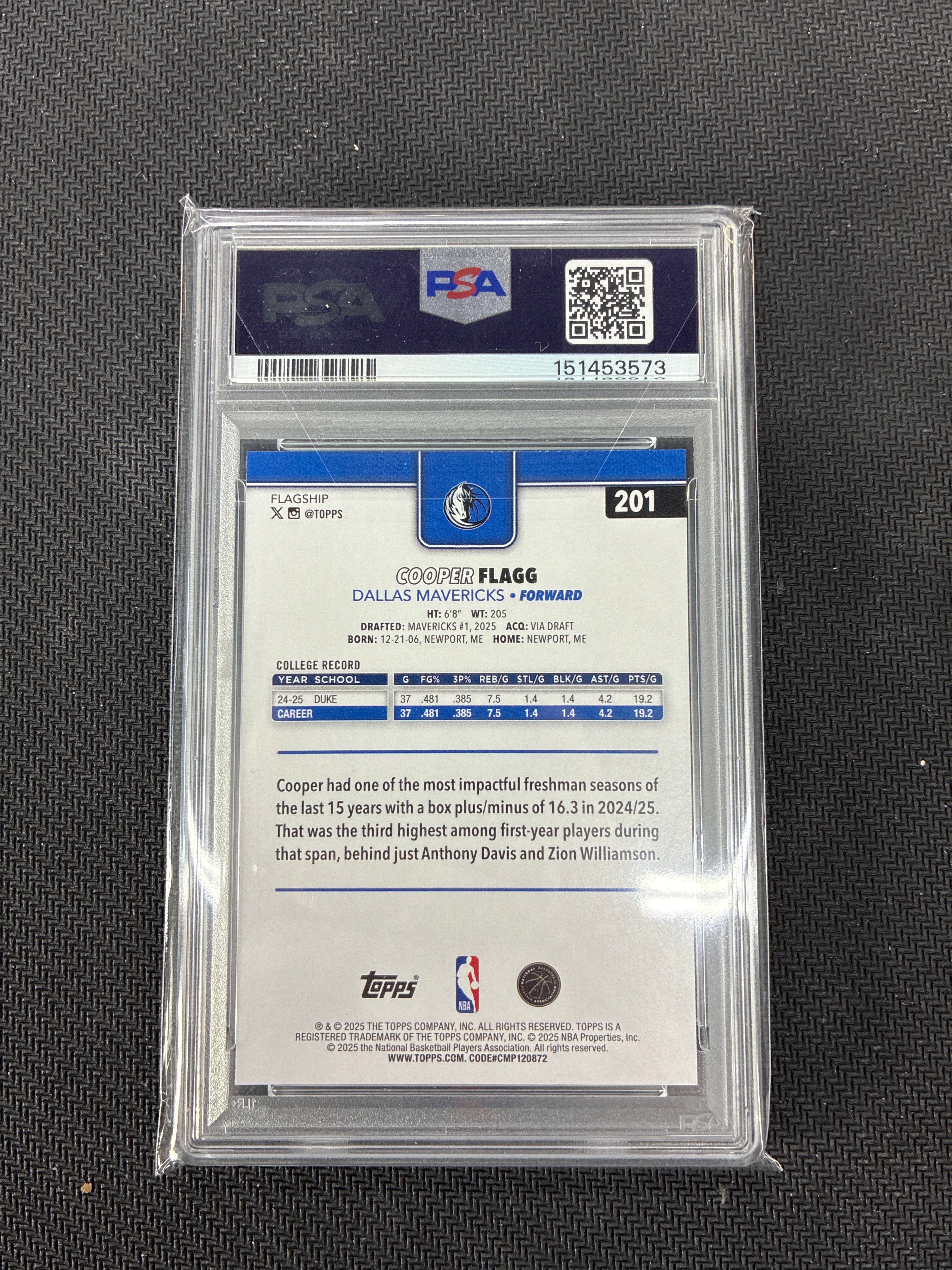 2025 Topps NBA Cooper Flagg Rookie PSA 10 Mavericks