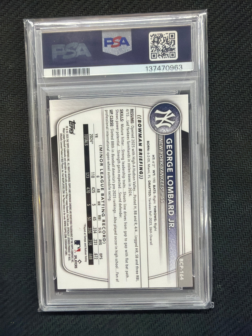 2025 Bowman Chrome George Lombard Jr. Gum Ball PSA 9 Yankees