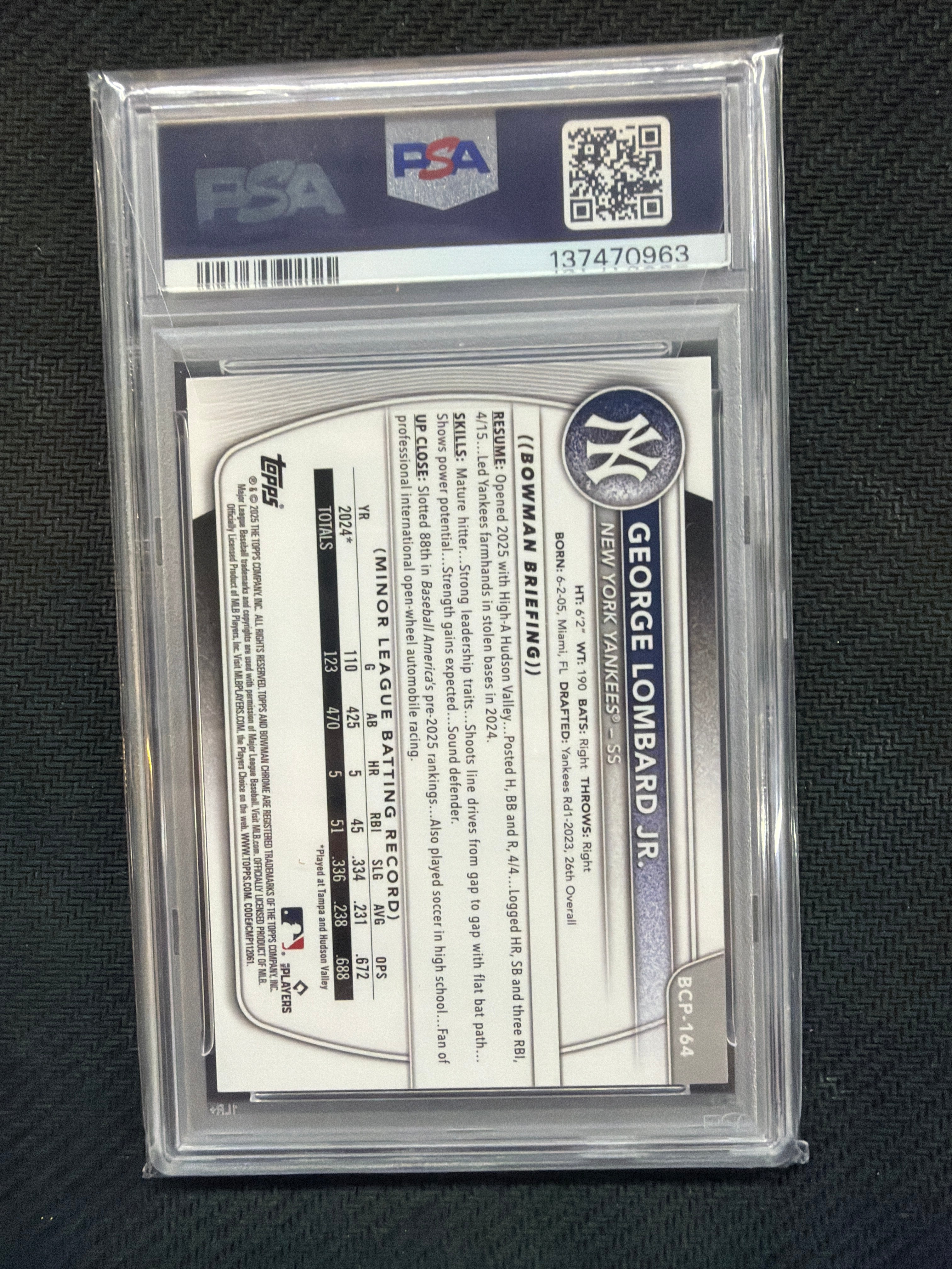 2025 Bowman Chrome George Lombard Jr. Gum Ball PSA 9 Yankees