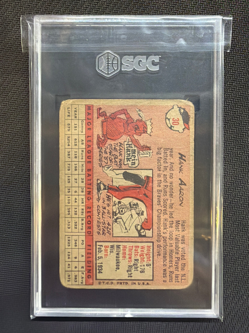 1958 Topps #30 Hank Aaron Yellow Name SGC 1 Braves