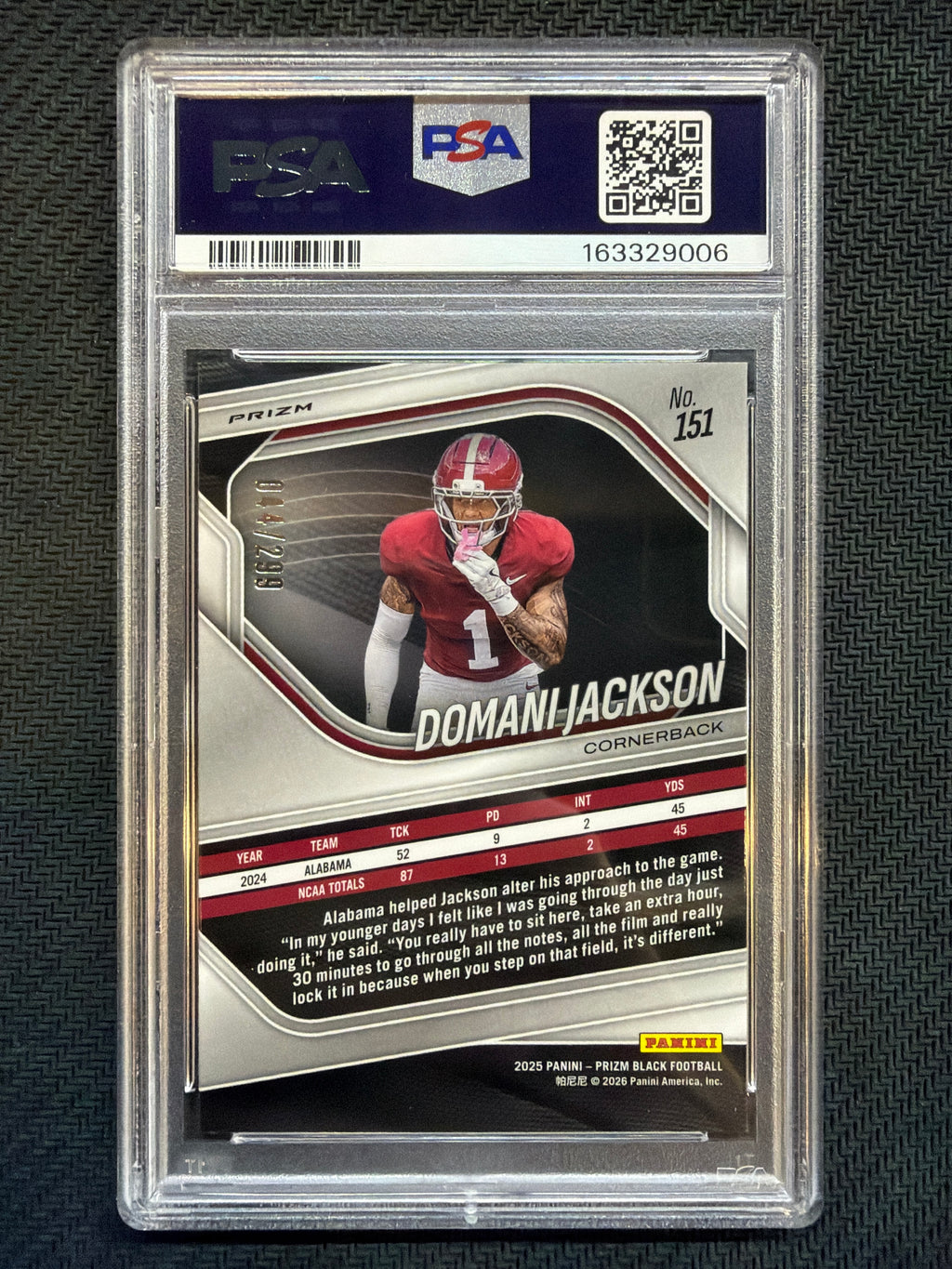 2025 Prizm Black Domani Jackson Red Prizm /299 #151 PSA 10 Alabama