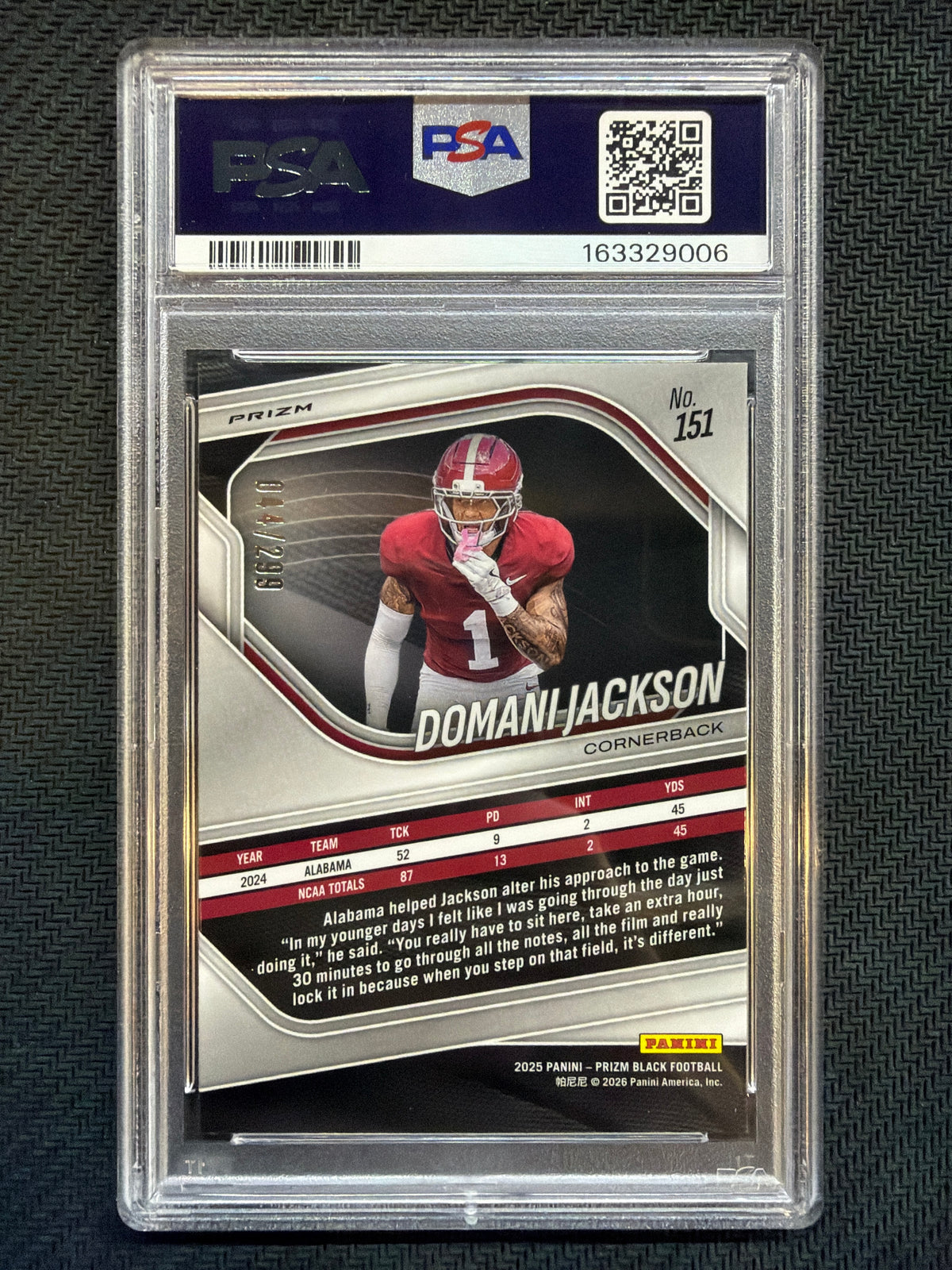 2025 Prizm Black Domani Jackson Red Prizm /299 #151 PSA 10 Alabama