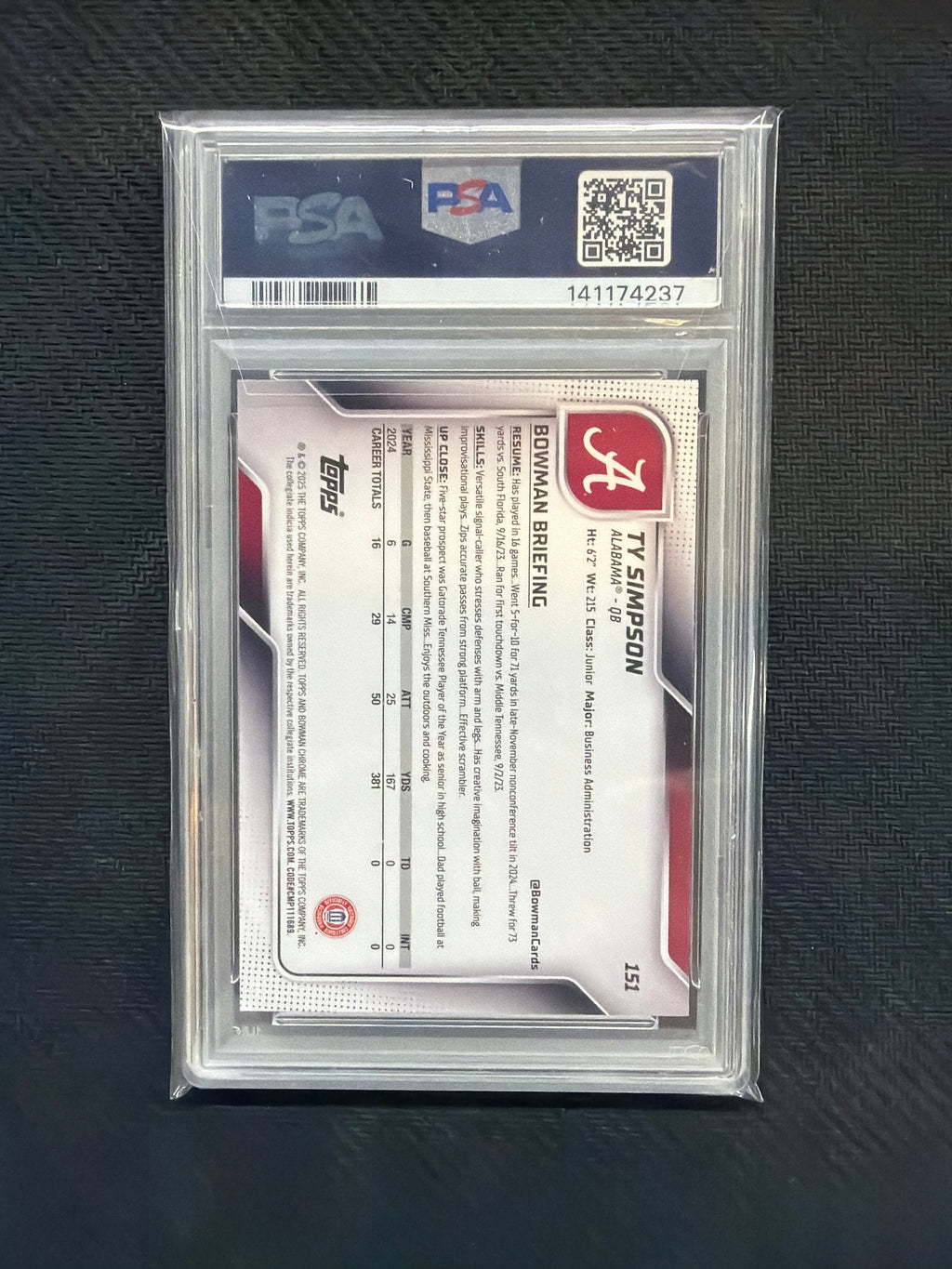 2025 Bowman U Ty Simpson Aqua Mini /325 PSA 9 Alabama