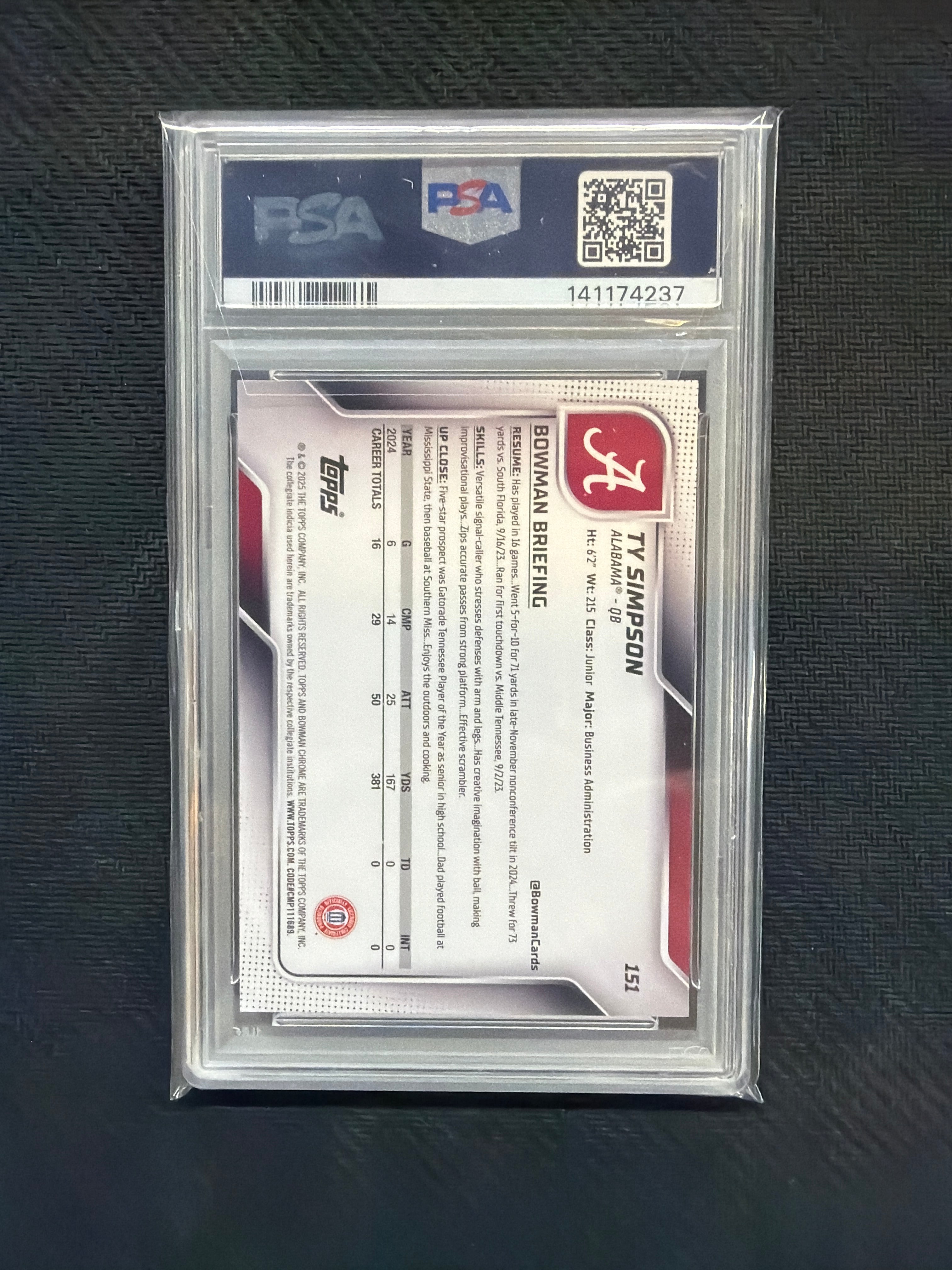 2025 Bowman U Ty Simpson Aqua Mini /325 PSA 9 Alabama