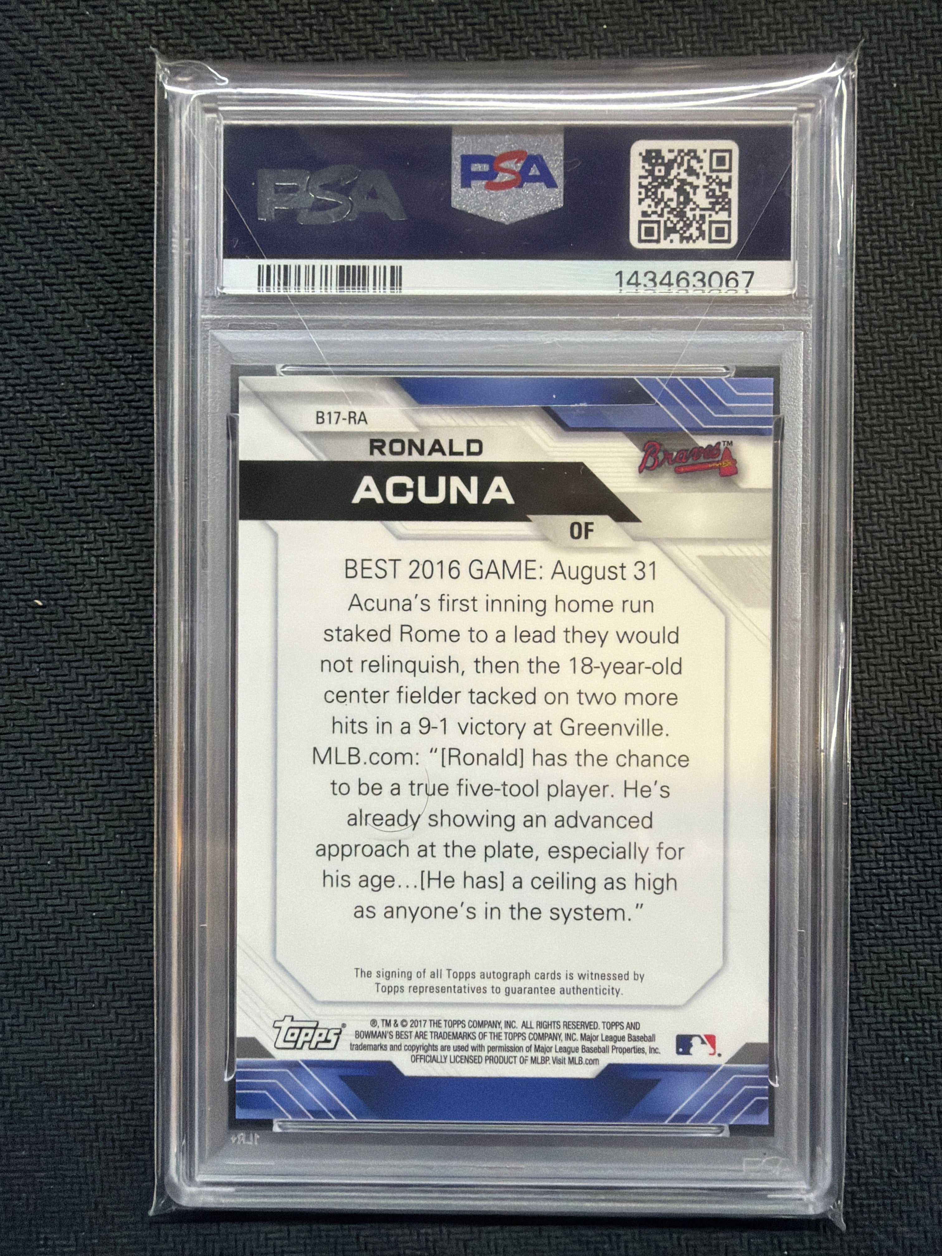2017 Bowman's Best Ronald Acuna Jr. Rookie Atomic Auto /25 PSA 9 Braves 067