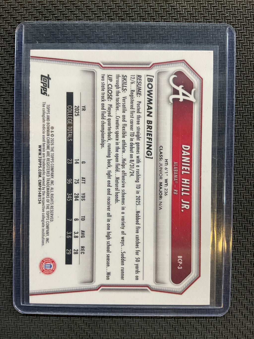 2026 Bowman Chrome U Daniel Hill Jr. True Green Refractor /99 Alabama