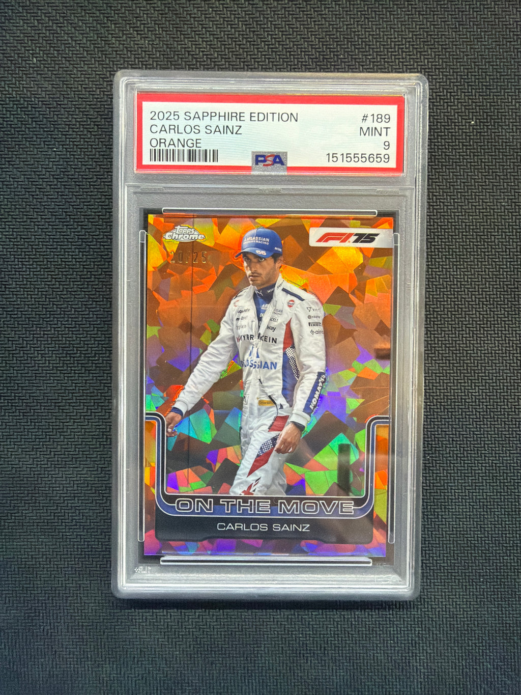 2025 Topps Chrome F1 Sapphire Carlos Sainz Orange /25 On The Move PSA 9