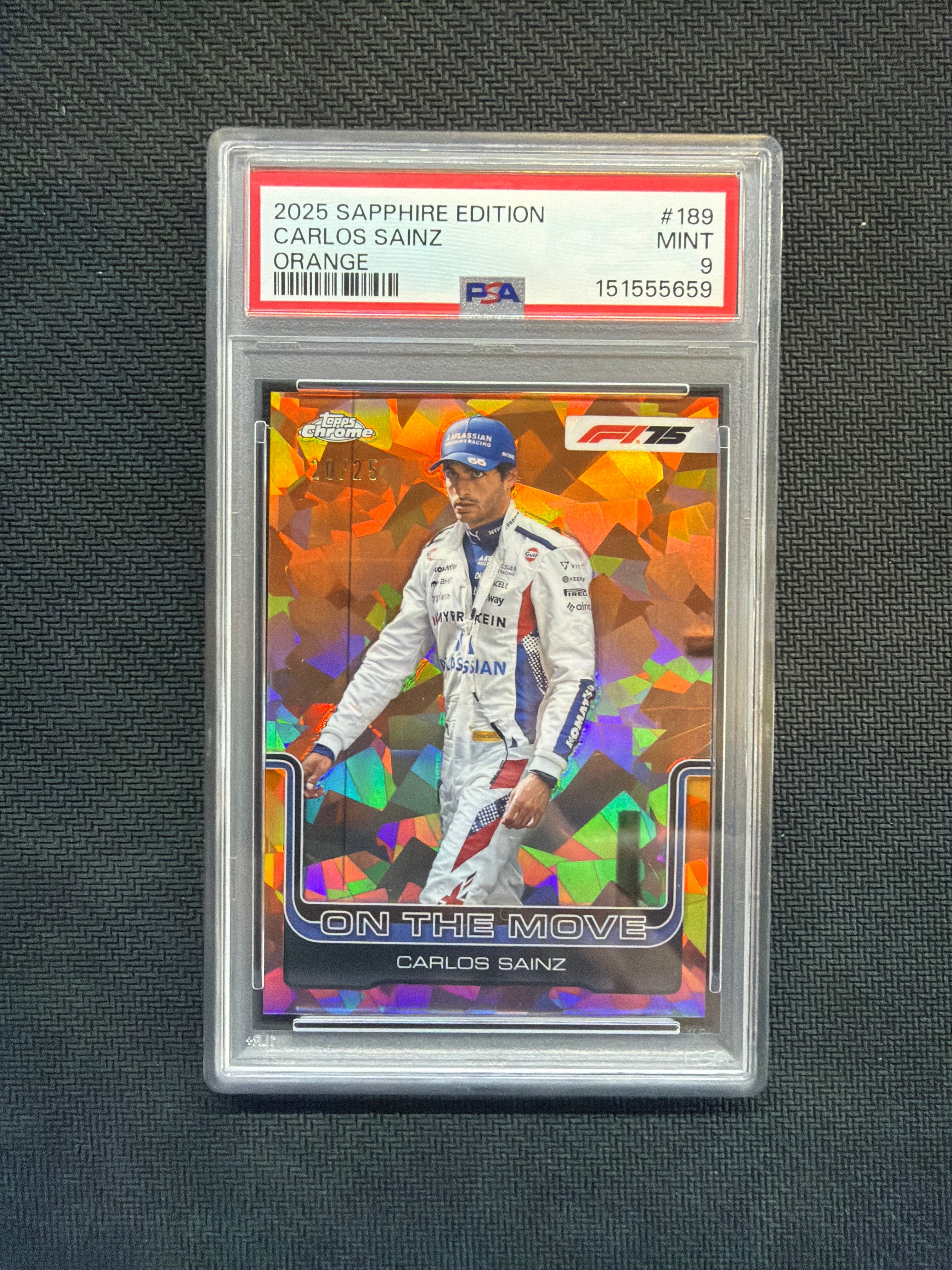 2025 Topps Chrome F1 Sapphire Carlos Sainz Orange /25 On The Move PSA 9