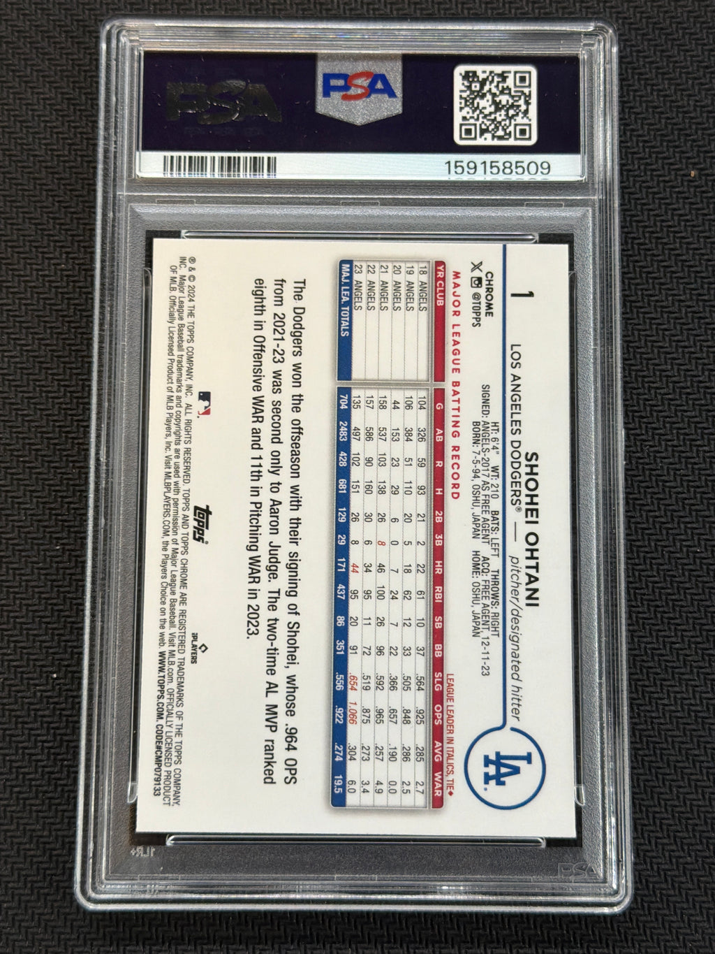 2024 Topps Chrome Logofractor Shohei Ohtani Aqua /199 PSA 10 Dodgers