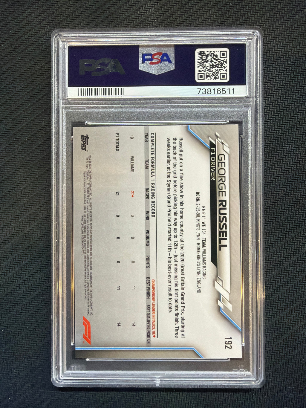 2020 Topps Chrome F1 George Russell #192 Rookie Helmet PSA 10