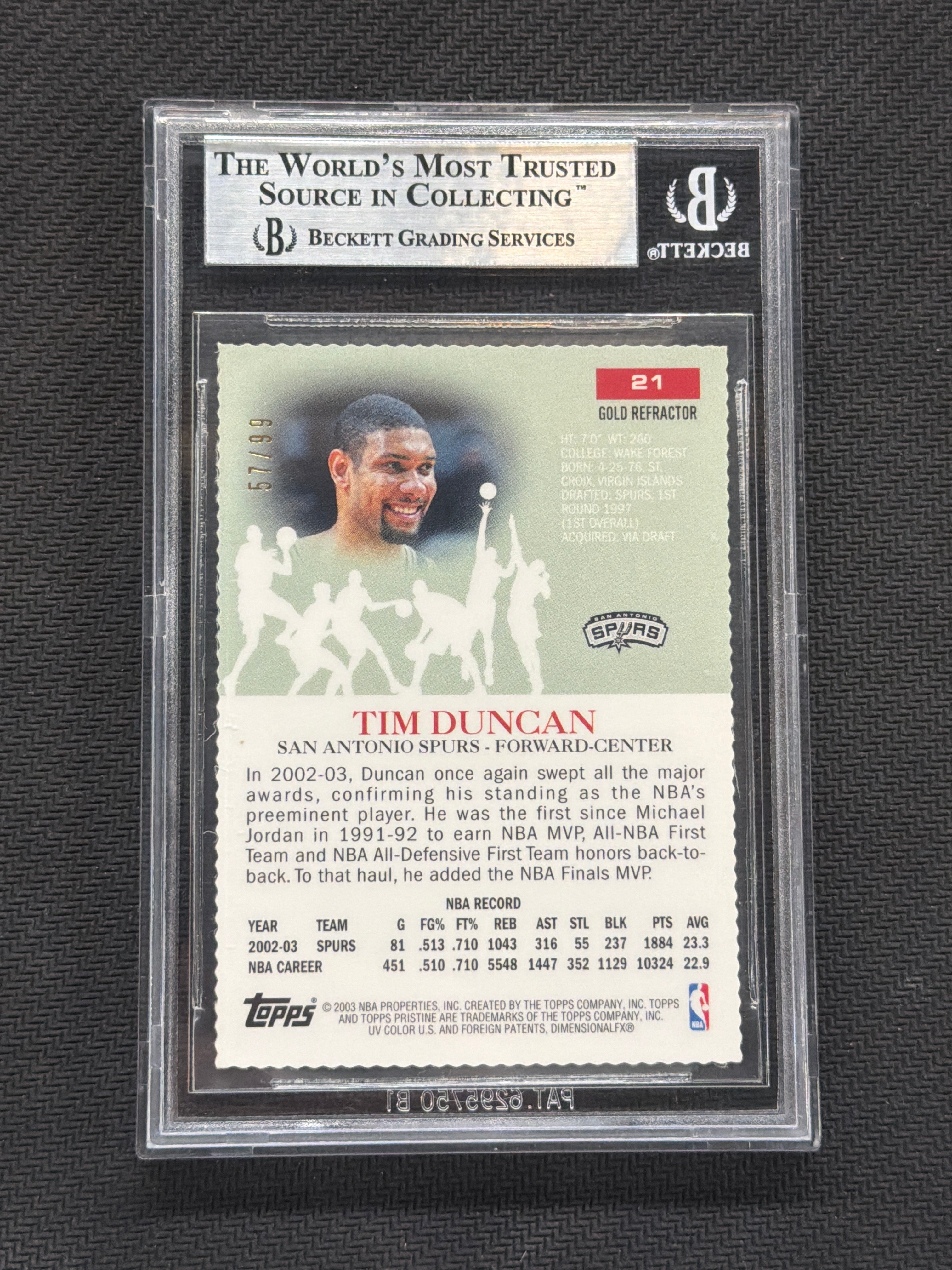 2003-04 Topps Pristine Tim Duncan Gold Refractor /99 BGS 9 Spurs