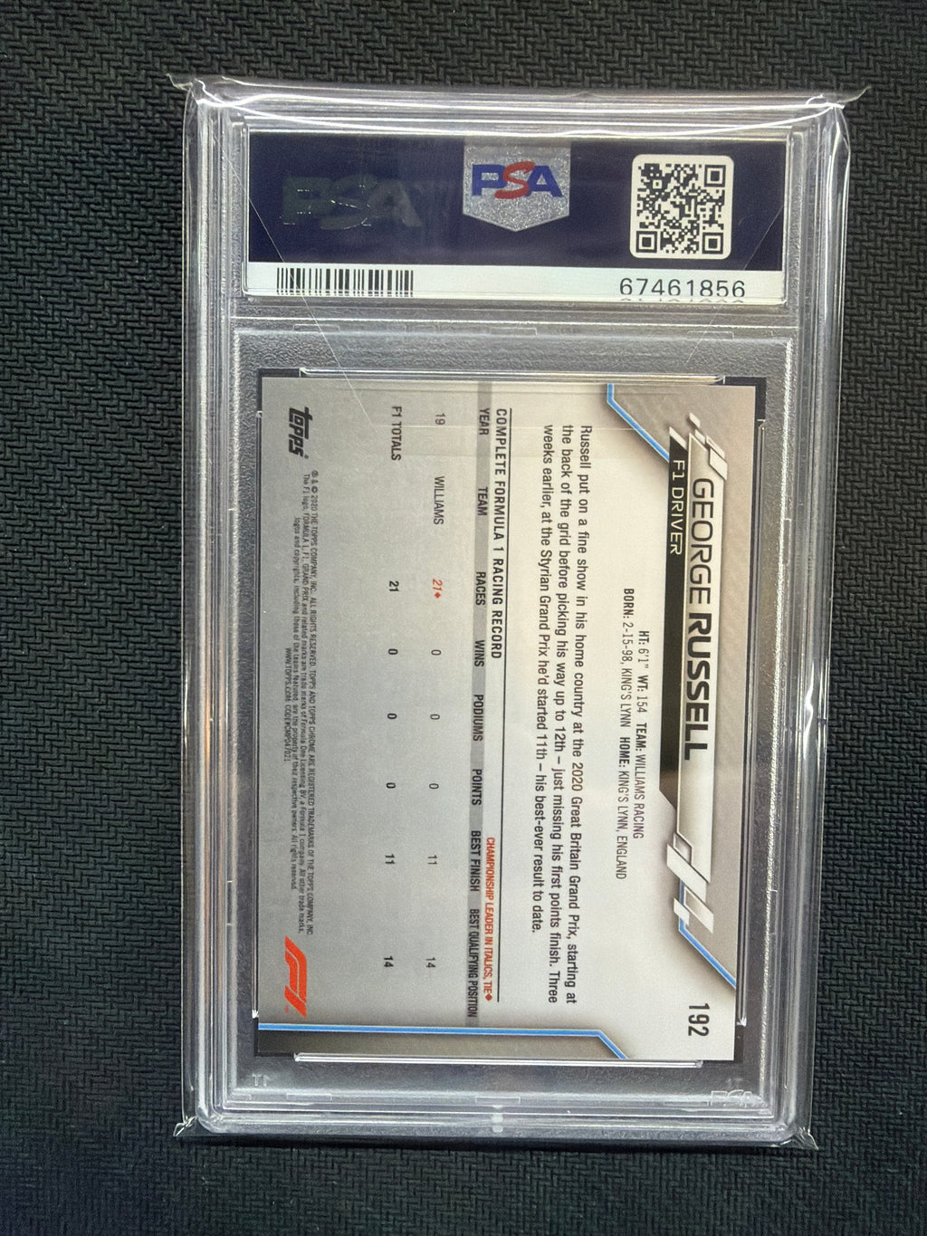 2020 Topps Chrome F1 Sapphire George Russell #192 Helmet PSA 10 Rookie 856