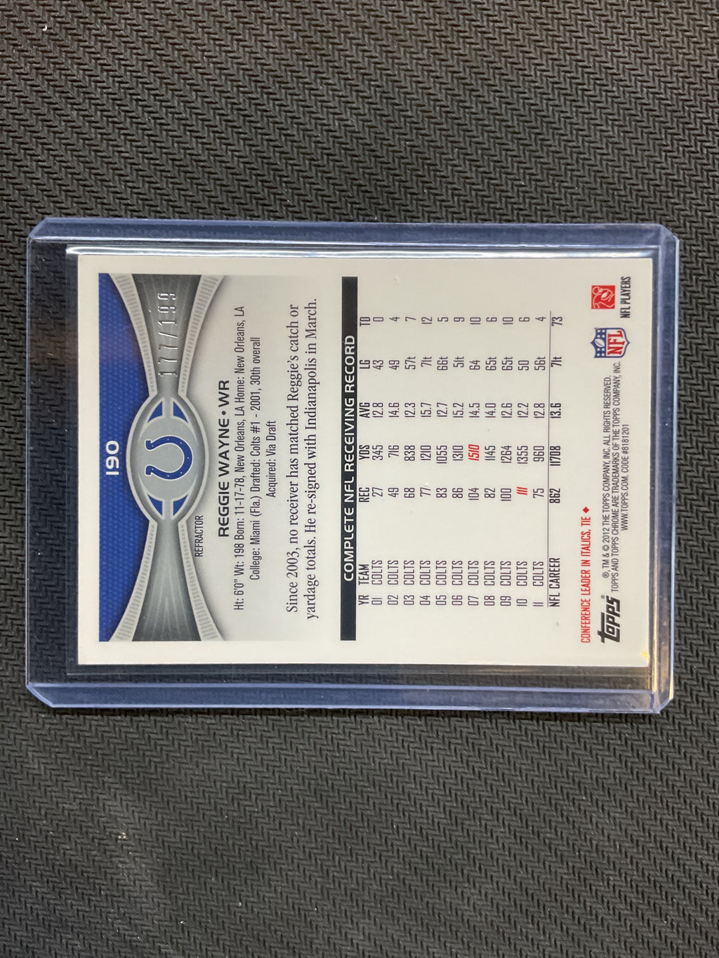 2012 Topps Chrome NFL Reggie Wayne Blue Refractor /199 Colts