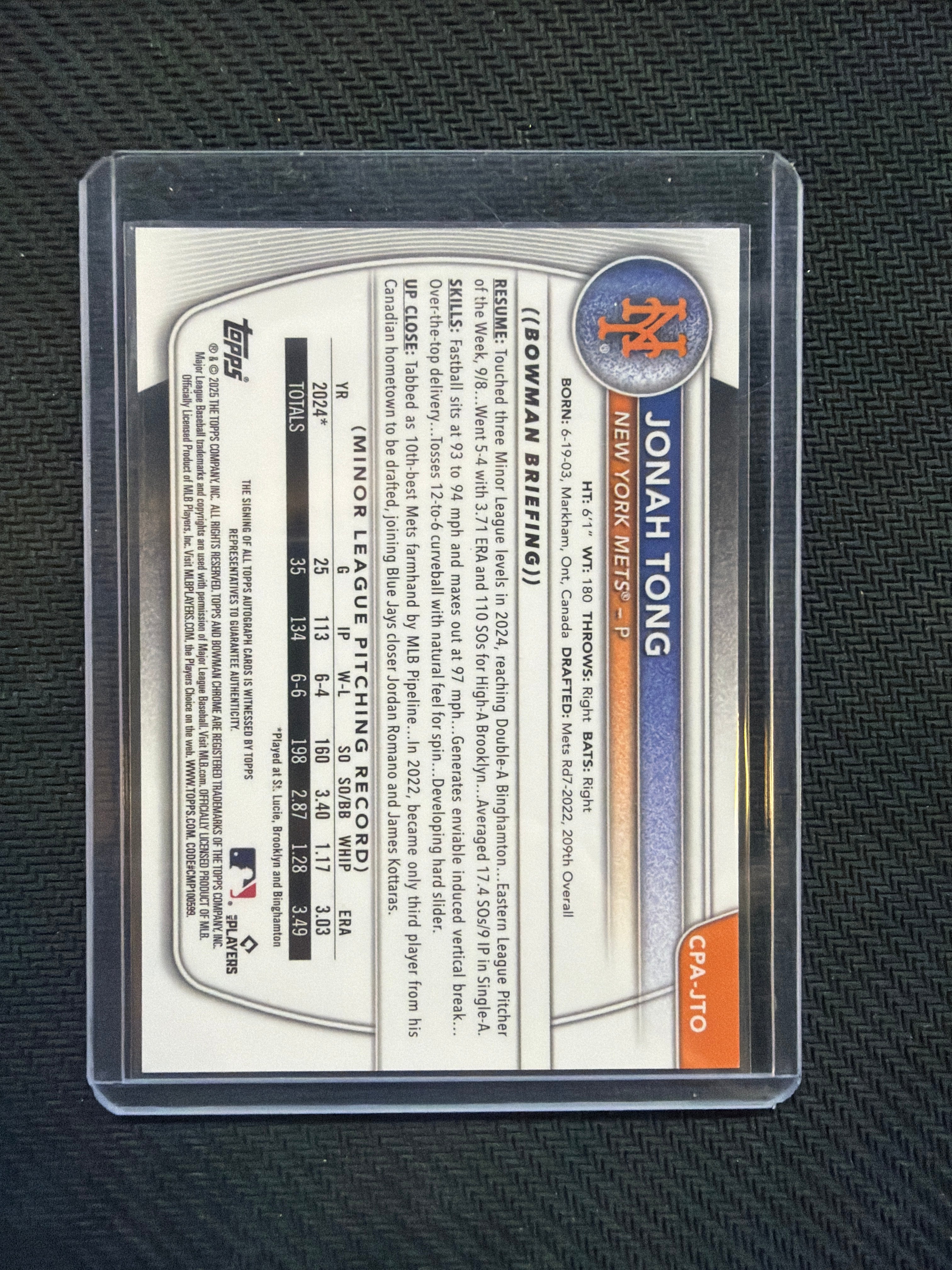 2025 Bowman Chrome Jonah Tong 1st Auto Speckle /299