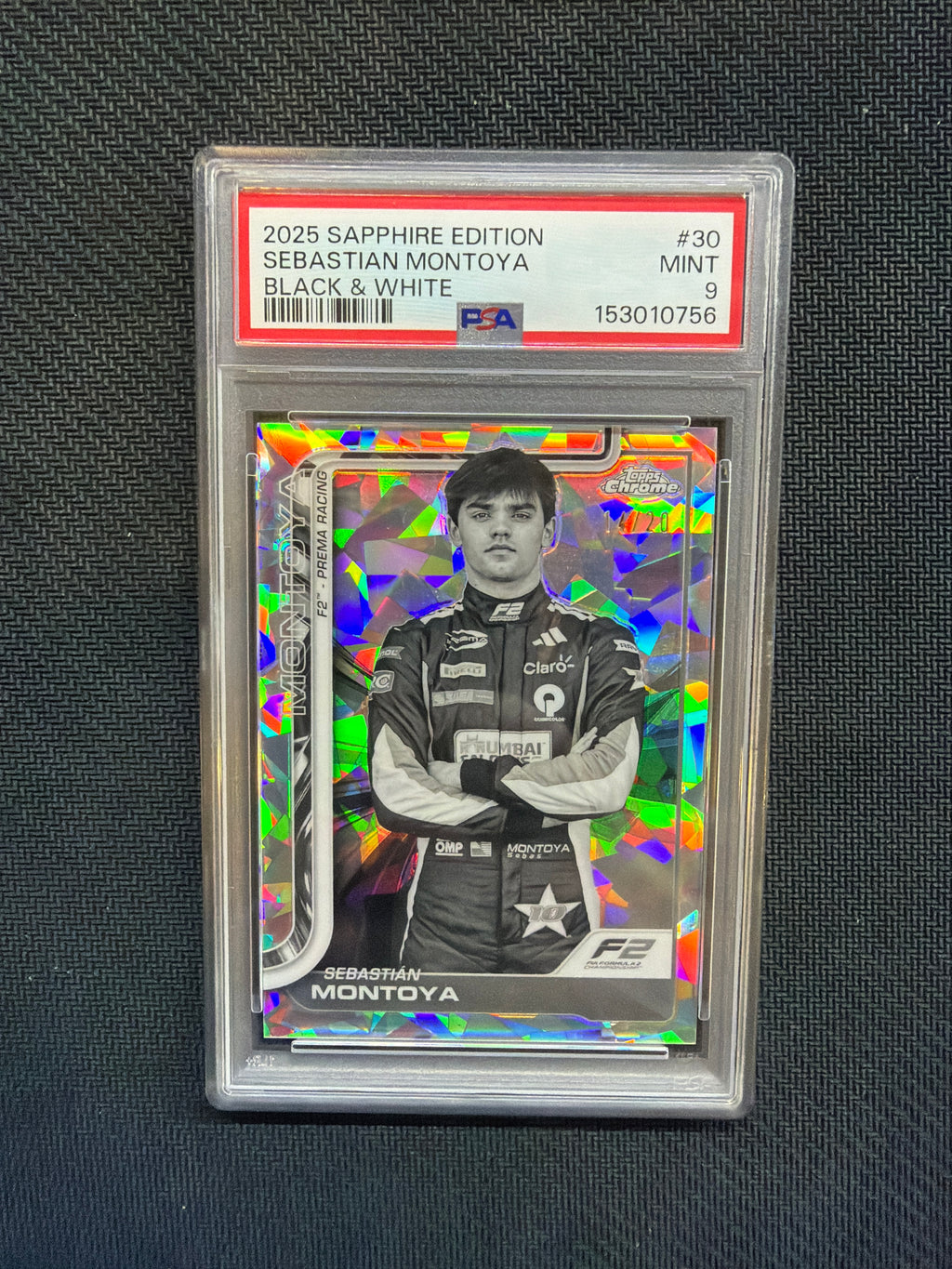 2025 Topps Chrome F1 Sapphire Sebastian Montoya Black & White /20 PSA 9