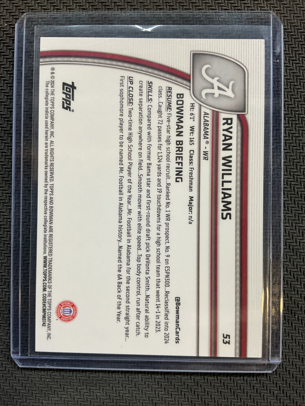 2024 Bowman Chrome U Ryan Williams 1st Bowman Purple Mini Diamond /375 Alabama