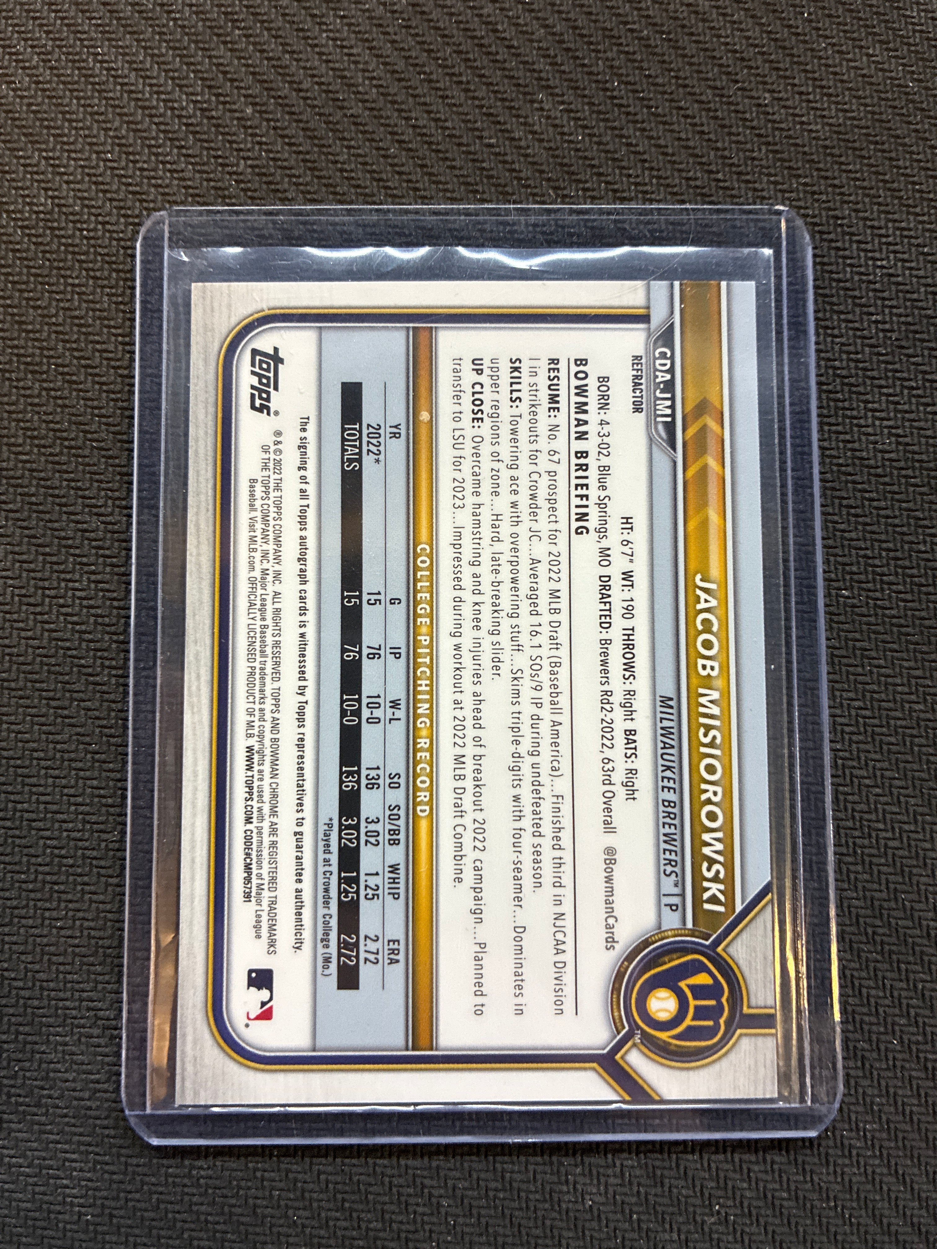 2022 Bowman Draft Jacob Misiorowski Chrome 1st Bowman Auto Refractor /499 Brewers