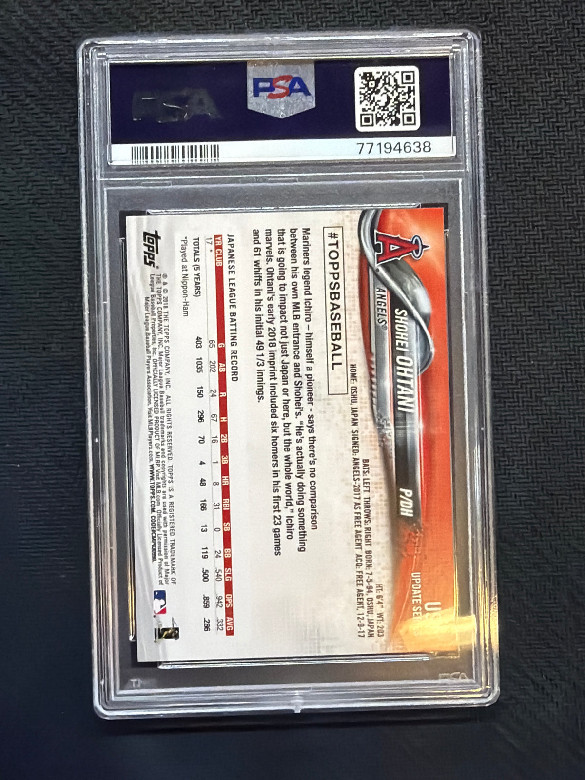 2018 Topps Update Shohei Ohtani #US1 Rookie PSA 10 638