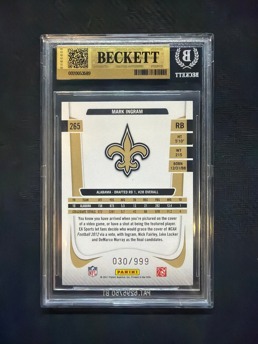 2011 Prestige Draft Picks Mark Ingram Light Blue /999 BGS 9.5 Alabama
