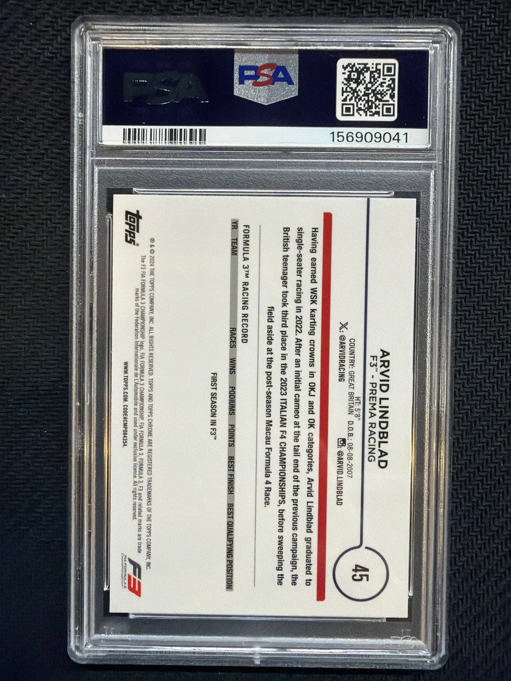 2024 Topps Chrome F1 Arvid Lindblad Fuchsia Lava Refractor /225 #45 PSA 10