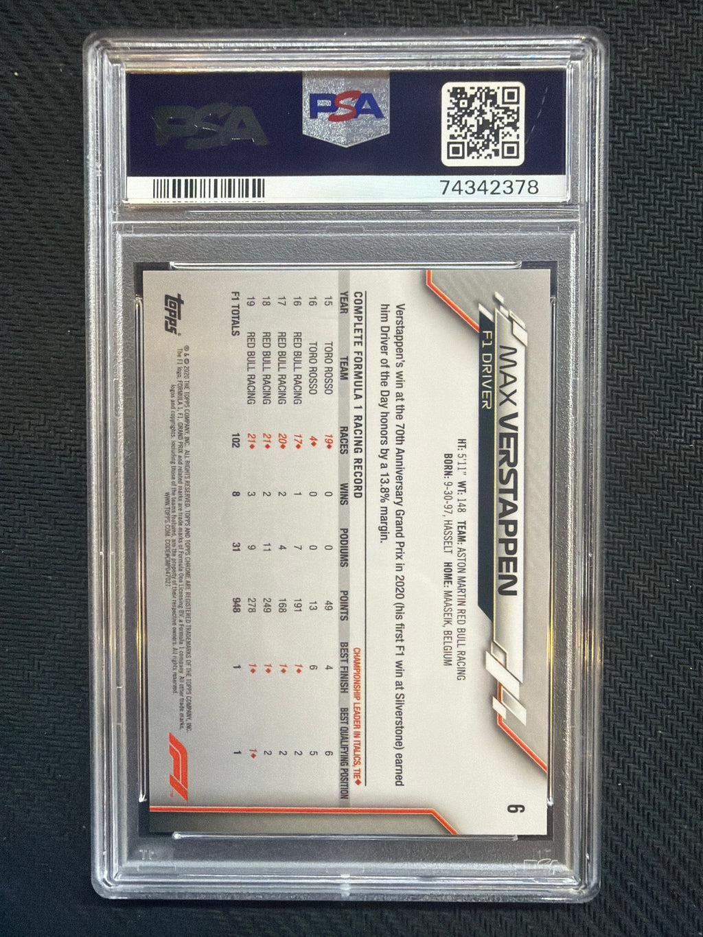 2020 Topps Chrome Sapphire F1 Max Verstappen Rookie #6 PSA 10