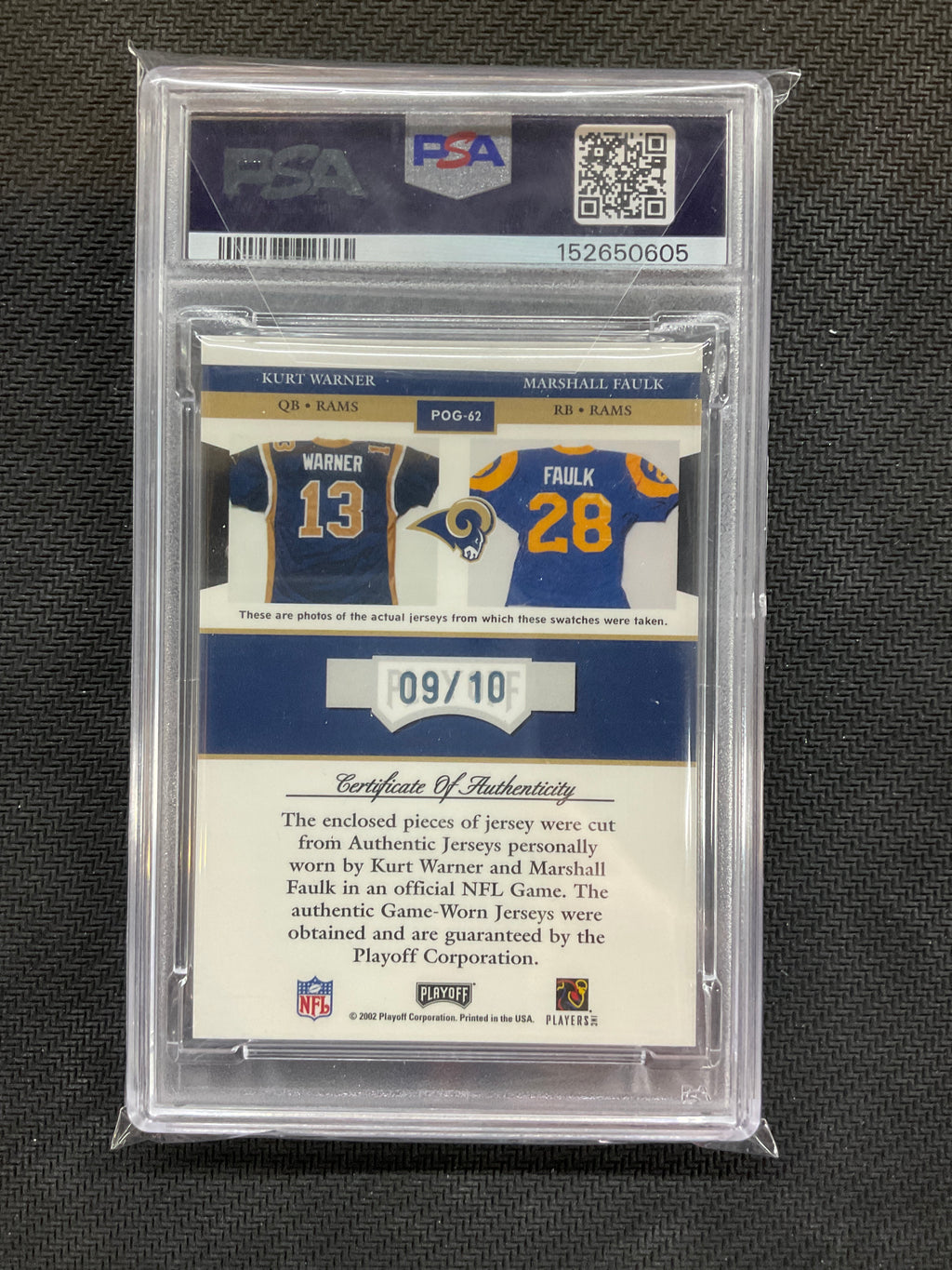 2002 Playoff Piece/Game Kurt Warner/Marshall Faulk Material 4th Down /10 PSA 9 Rams