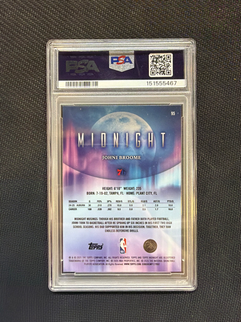 2025/26 Topps Midnight Johni Broome Rookie #95 PSA 8.5 76ers