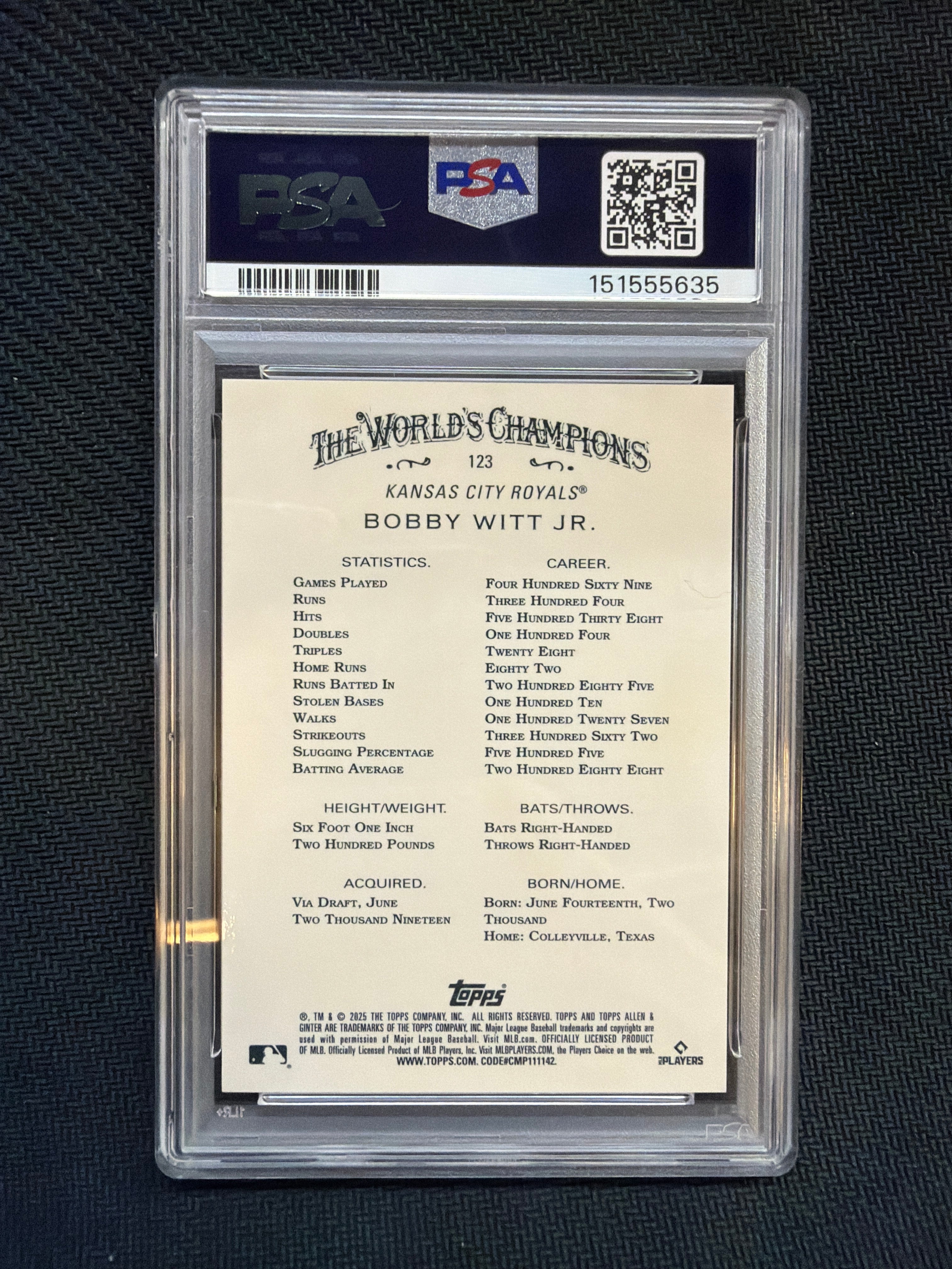 2025 Topps Allen & Ginter Bobby Witt Jr. Chrome Gold /50 PSA 10