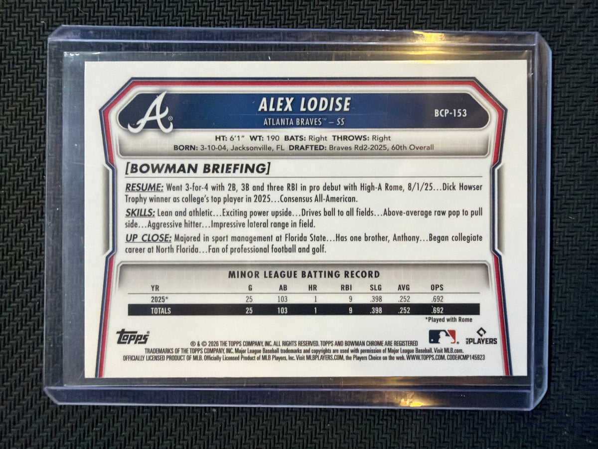2026 Bowman Chrome Alex Lodise Purple Wave /250 1st Braves