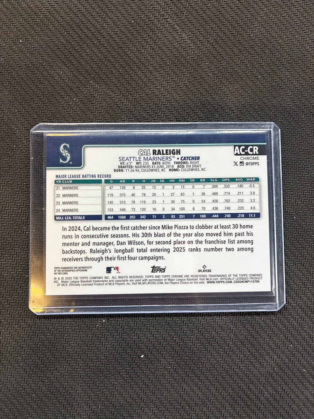 2025 Topps Chrome Update Cal Raleigh Green Refractor Auto /99 Mariners