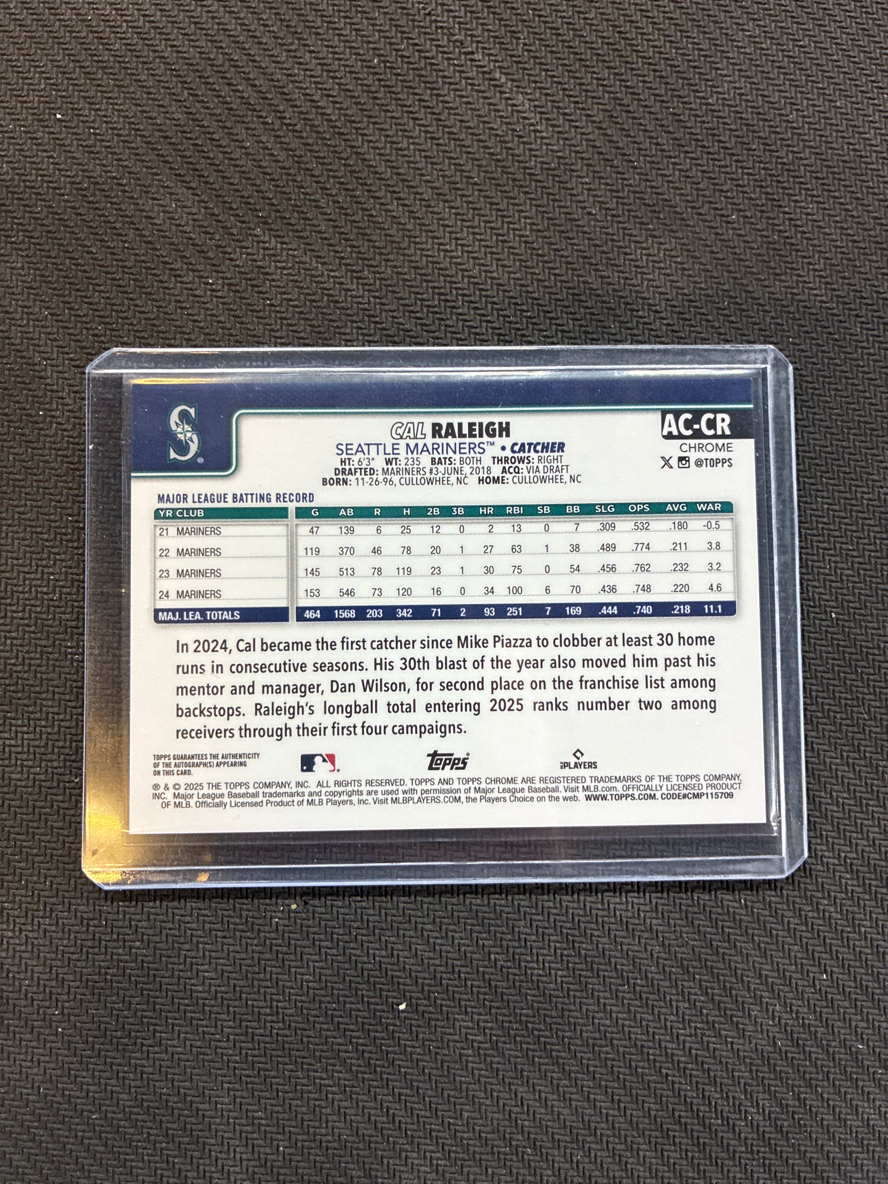 2025 Topps Chrome Update Cal Raleigh Green Refractor Auto /99 Mariners