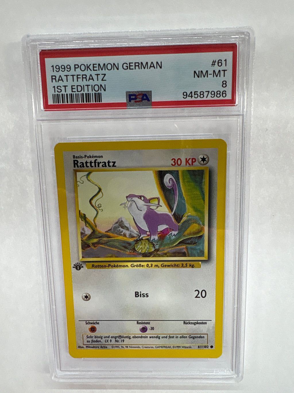 1999 German Pokemon 1st Edition Rattfratz (Rattata) 61 PSA 8