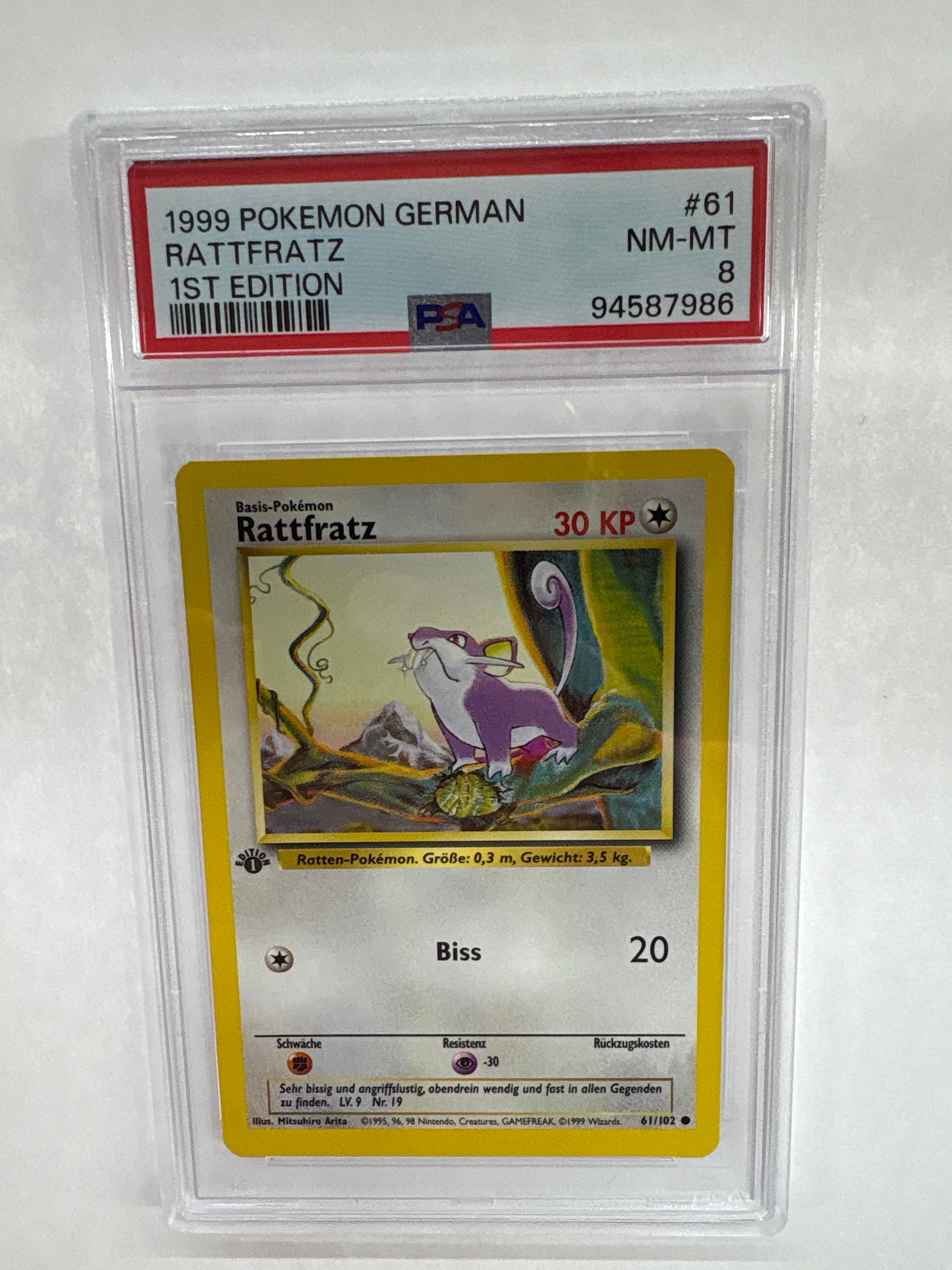 1999 German Pokemon 1st Edition Rattfratz (Rattata) 61 PSA 8
