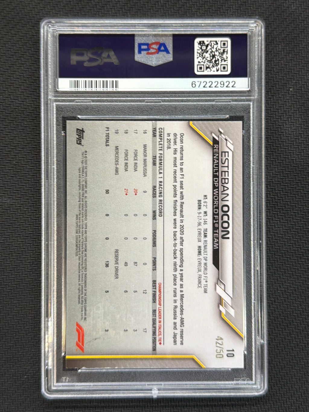 2020 Topps Chrome F1 Sapphire  Esteban Ocon Gold /50 Image Variation PSA 8 922