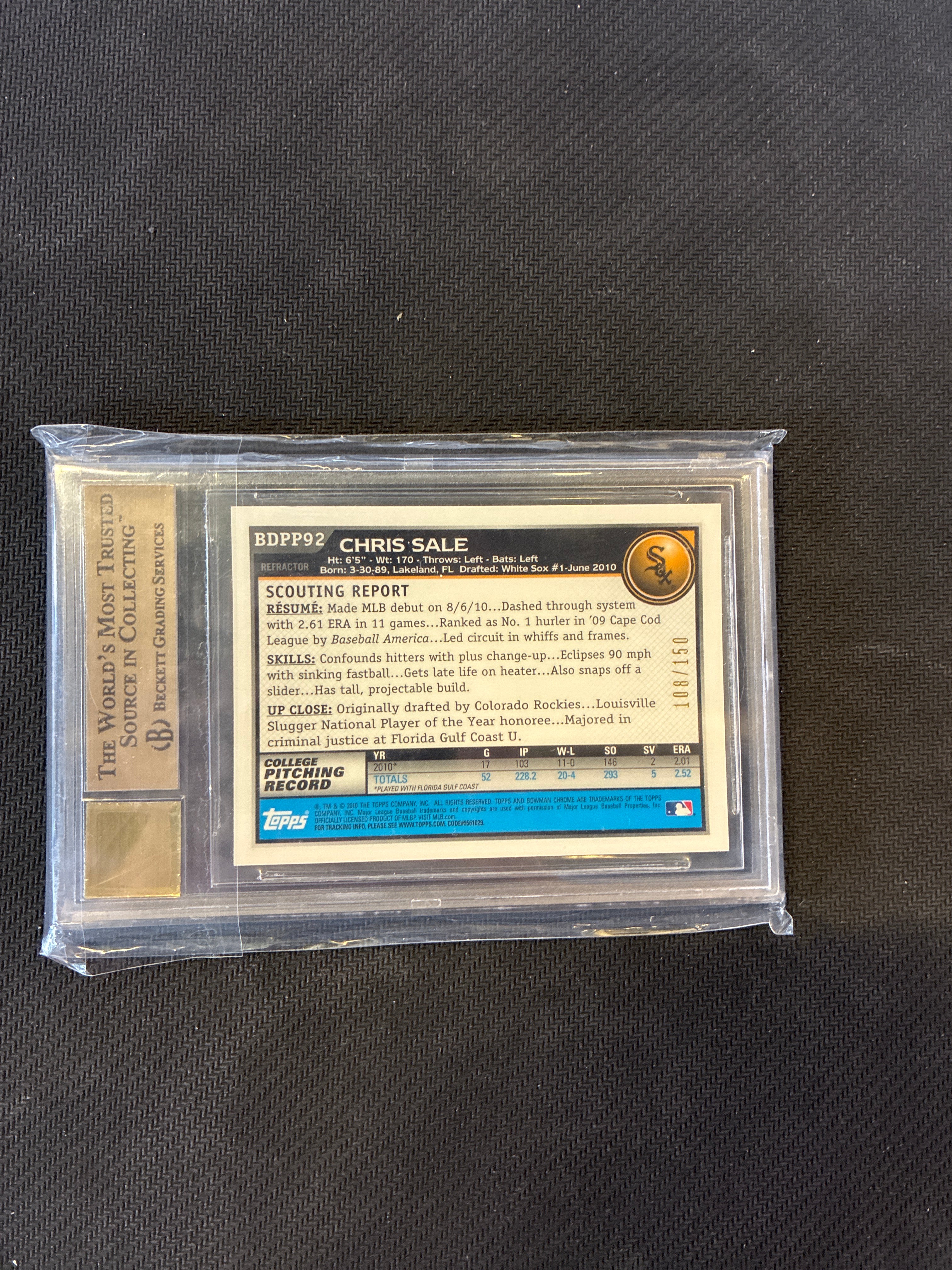 2010 Bowman Chrome Chris Sale Blue Auto /150 BGS 9.5 10 Braves