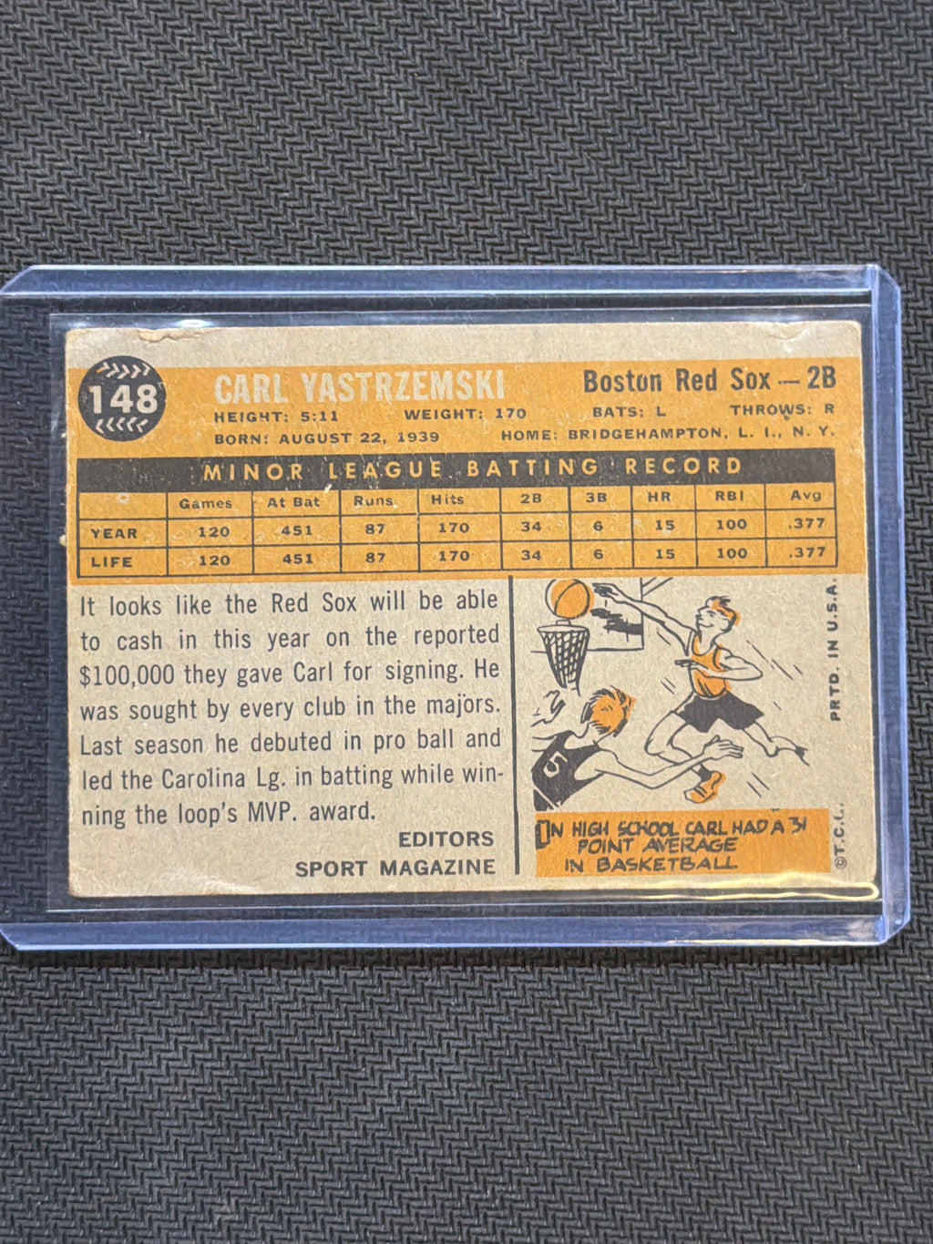 1960 Topps Carl Yastzemski Rookie Star #148 Red Sox Crease Paper Loss