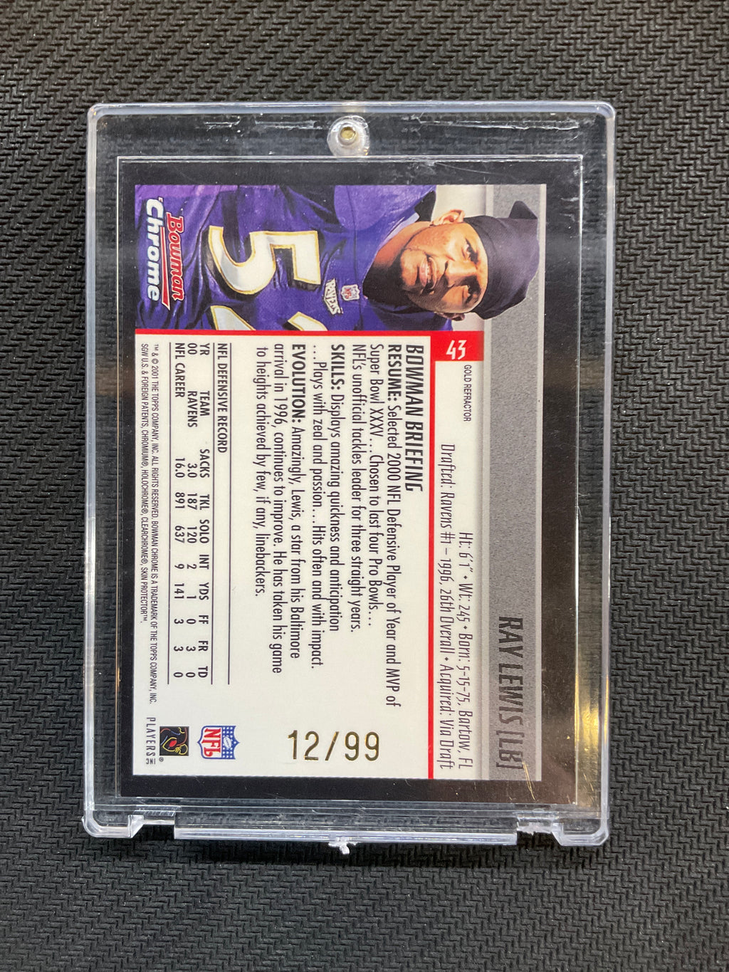 2001 Bowman Chrome Ray Lewis #43 Refractor /99 Ravens