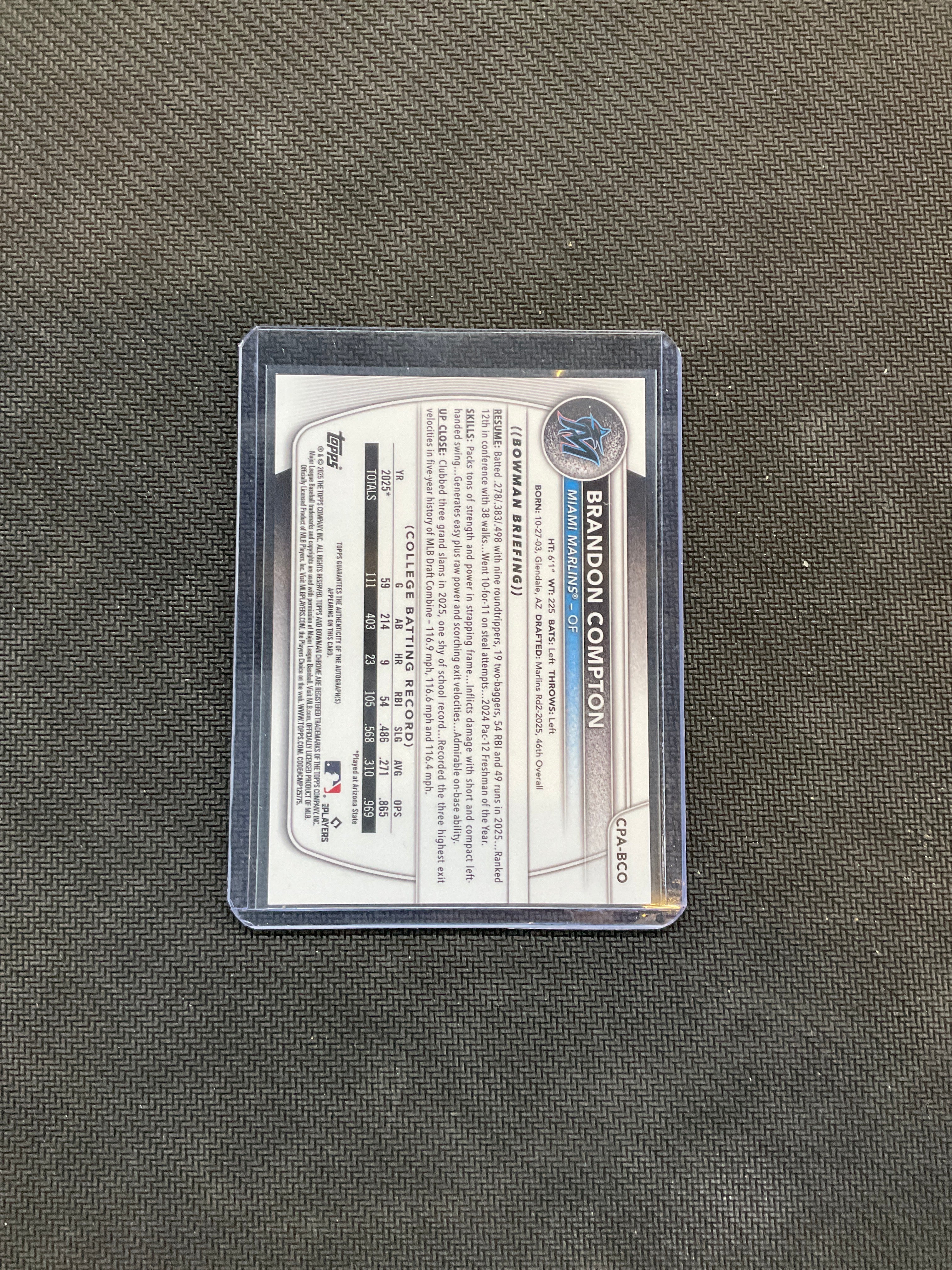 2025 Bowman Sapphire Brandin Compton Black Auto /10 Marlins