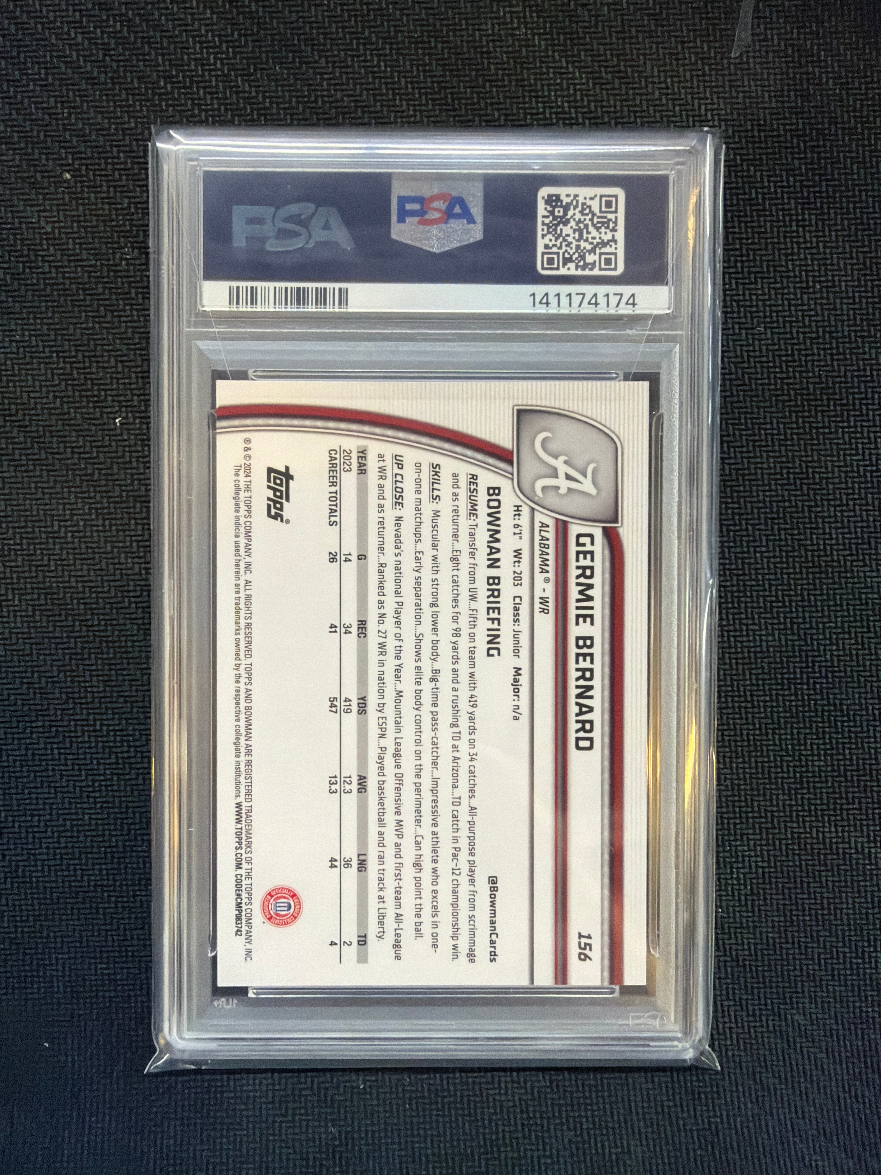 2024 Bowman U Sapphire Germie Bernard Yellow /75 PSA 10 Alabama
