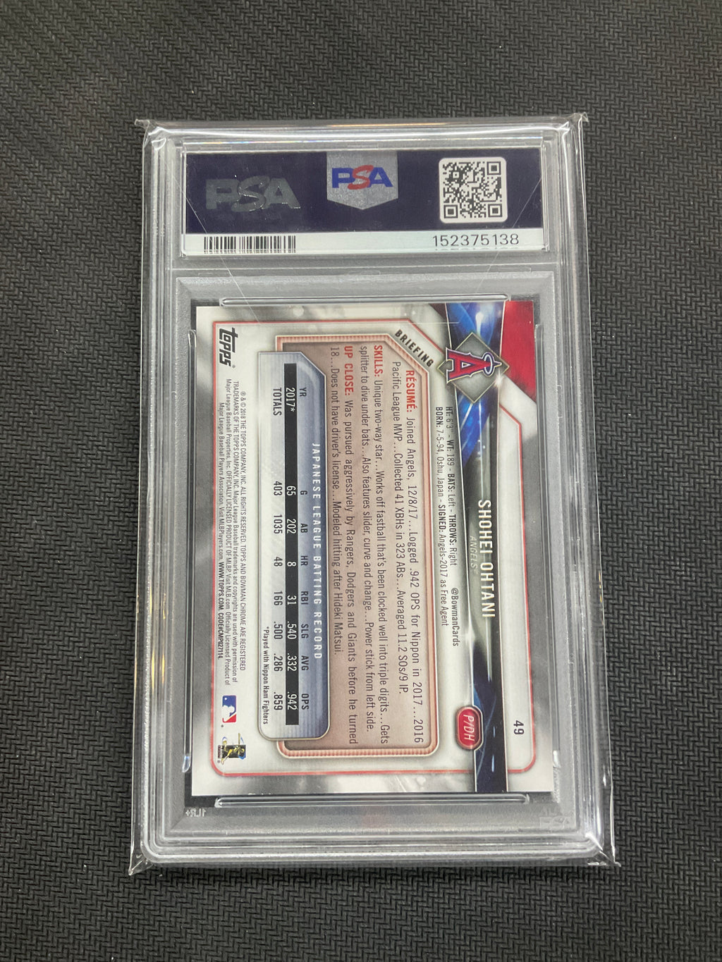 2018 Bowman Shohei Ohtani #49 Rookie PSA 10 138 Angels