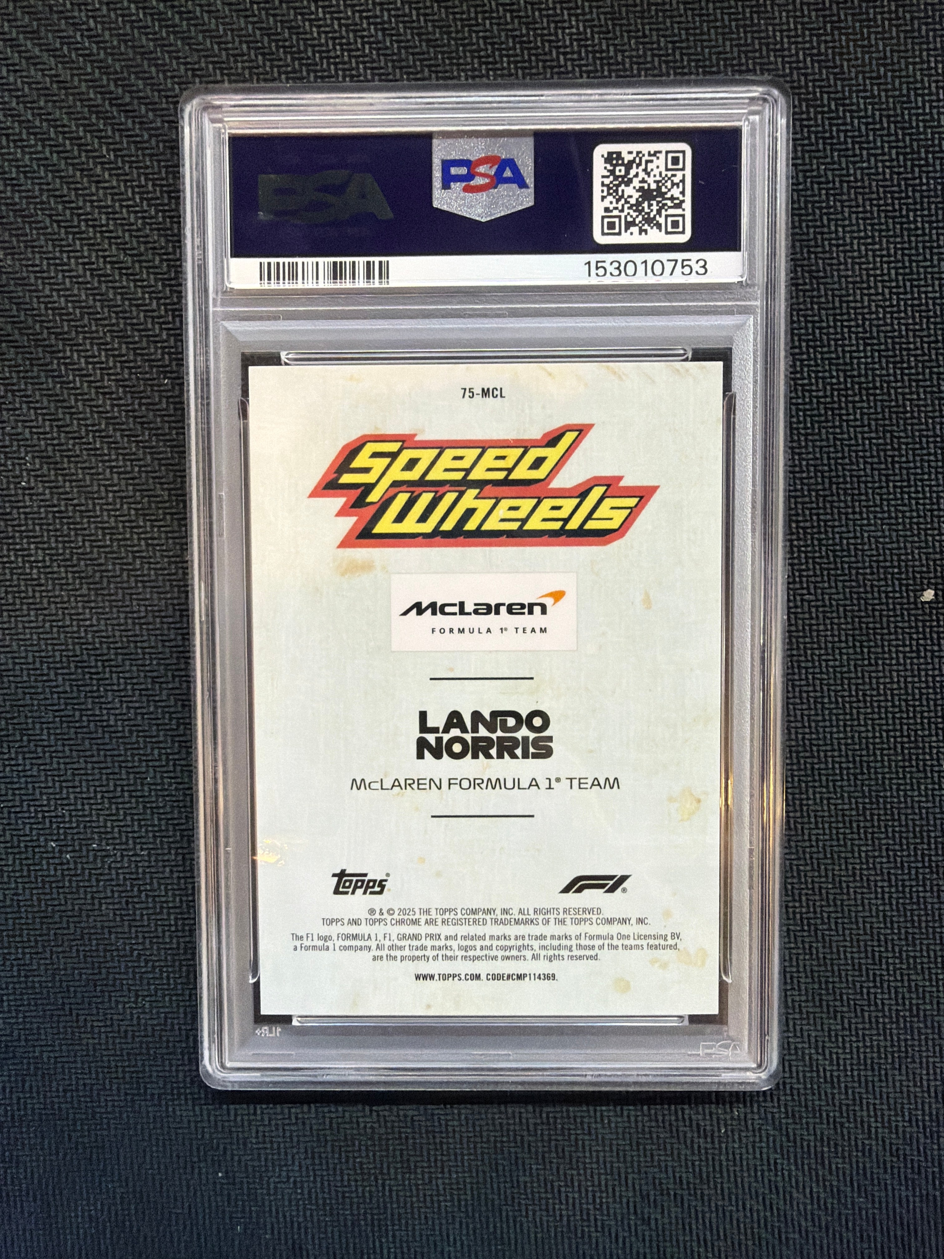 2025 Topps Chrome F1 Sapphire Lando Norris 75 Speed Wheels /25 PSA 9