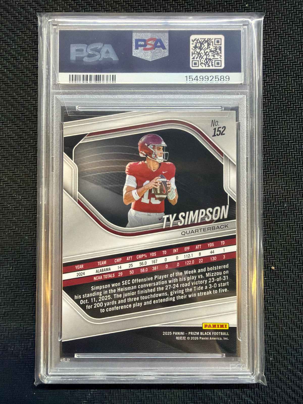 2025 Prizm Black Ty Simpson #152 PSA 10 Alabama
