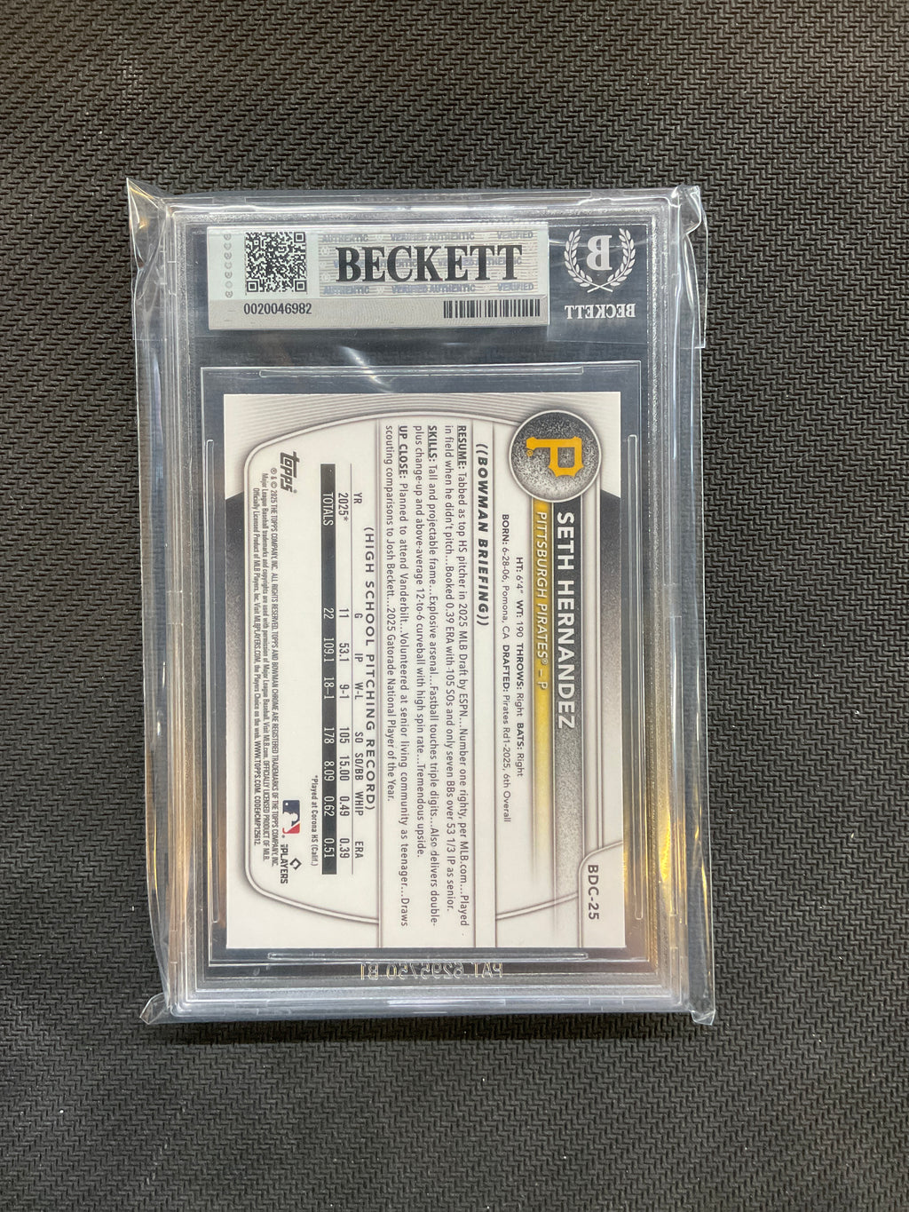 2025 Bowman Draft Seth Hernandez Rookie BGS 8.5 Pirates