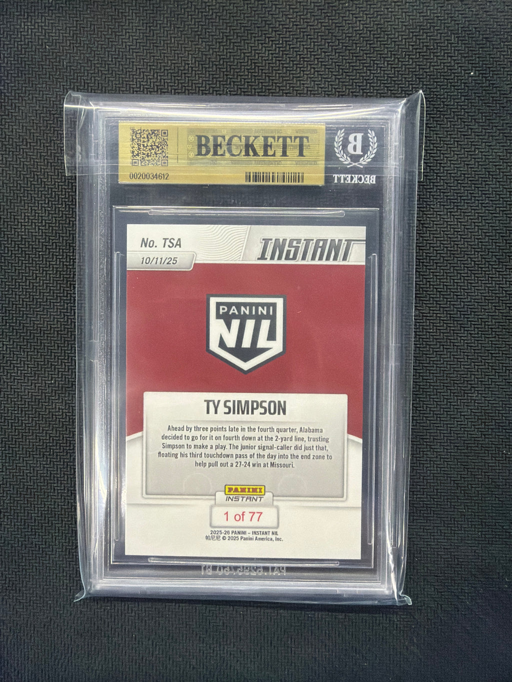 2025 Panini Instant NIL TY Simpson BGS 10 612