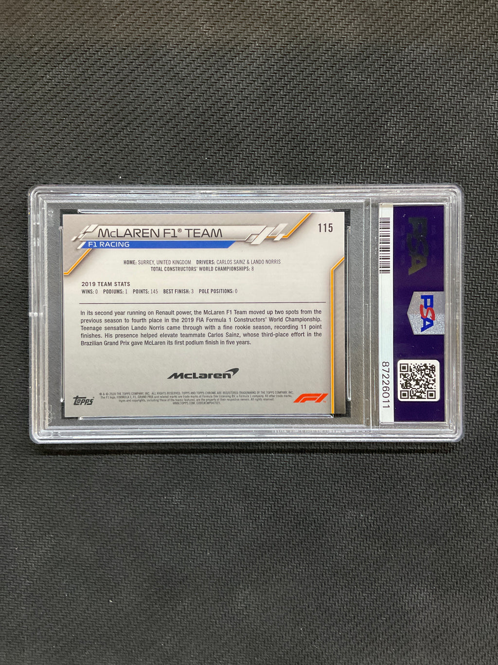 2020 Topps Chrome F1 Sapphire McLaren Logo #115 PSA 10 011