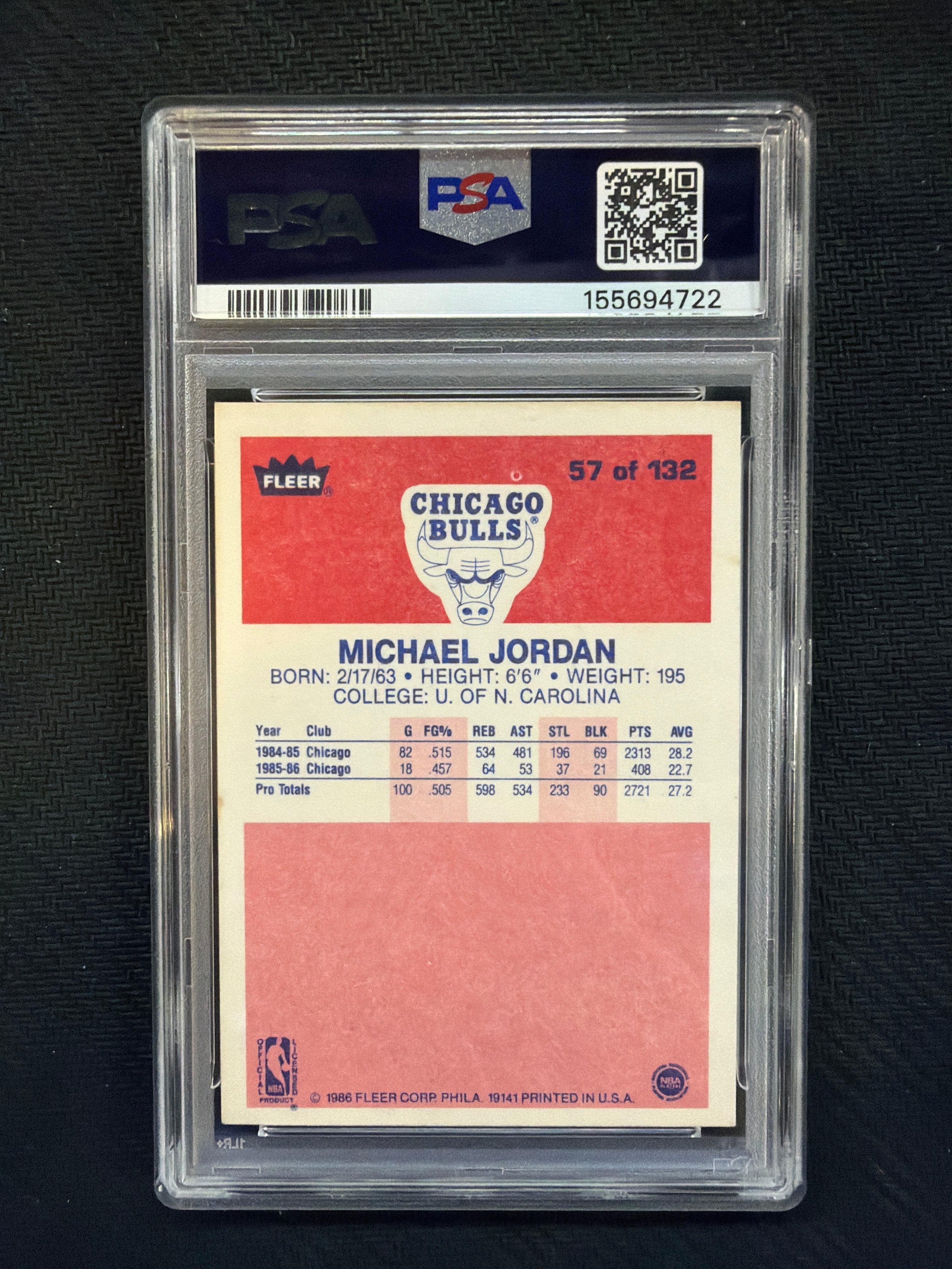 1986 Fleer Michael Jordan #57 Rookie PSA 6 Bulls 722