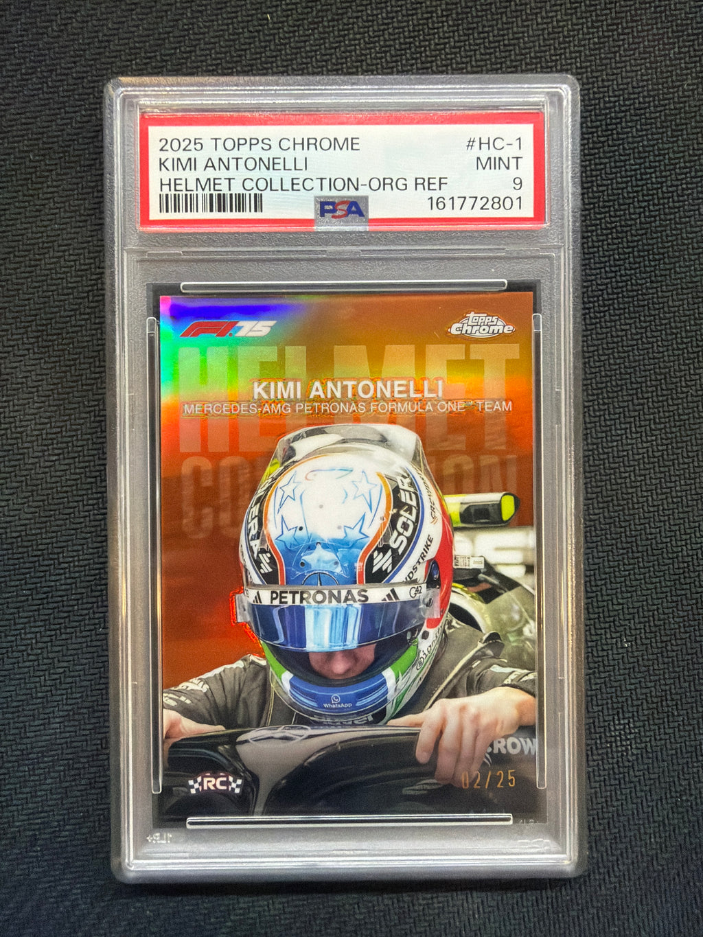 2025 Topps Chrome Kimi Antonelli Helmet Collection Orange Refractor /25 PSA 9