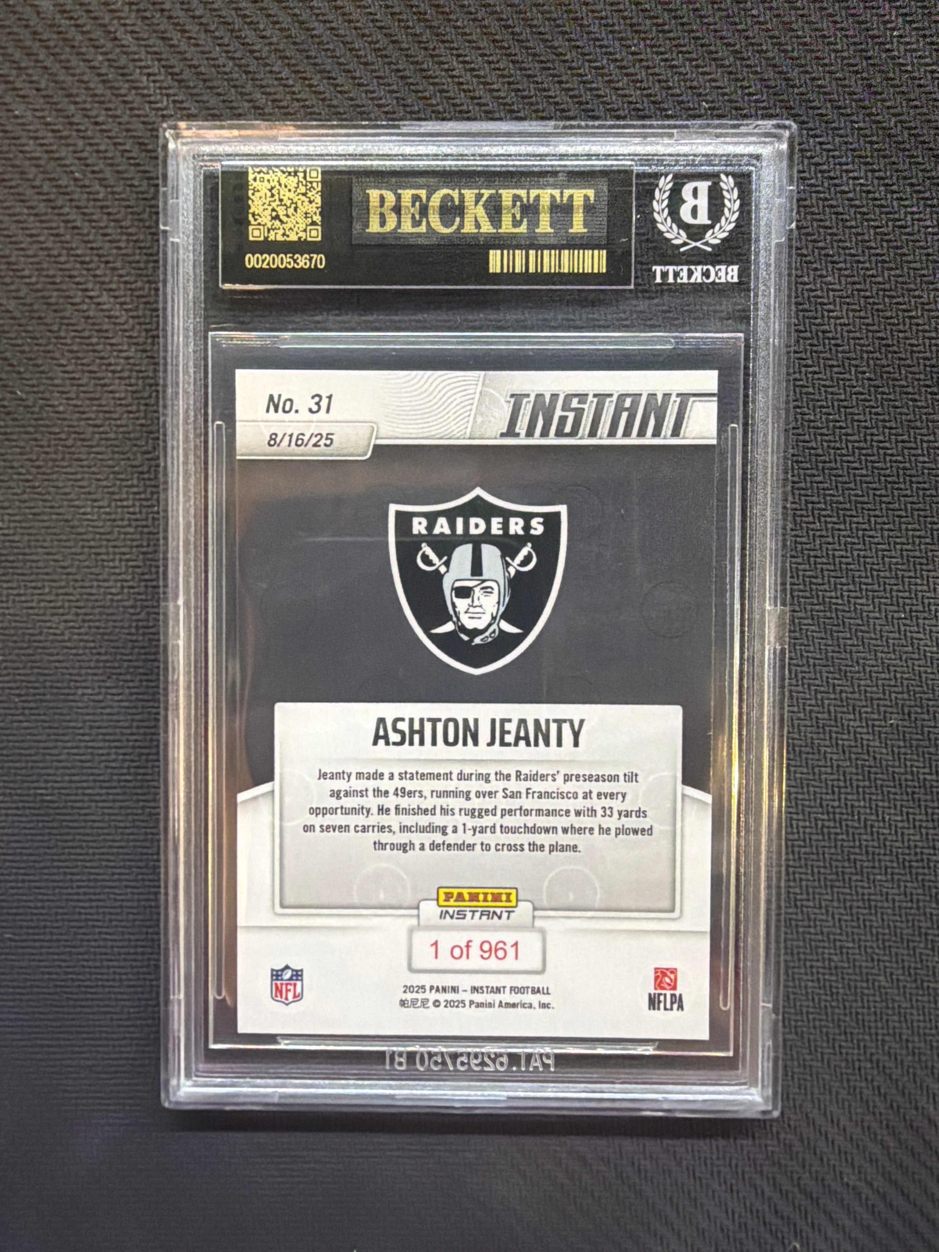 2025 Panini Instant Ashton Jeanty Rookie BGS 10 BLACK LABEL Raiders