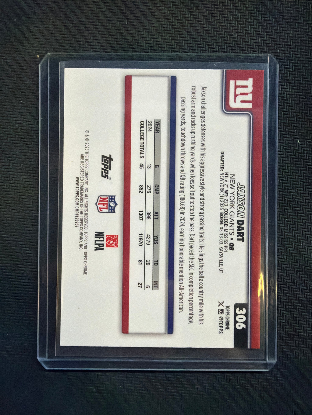 2025 Topps Chrome Jaxson Dart Rookie Pulsar Refractor Giants