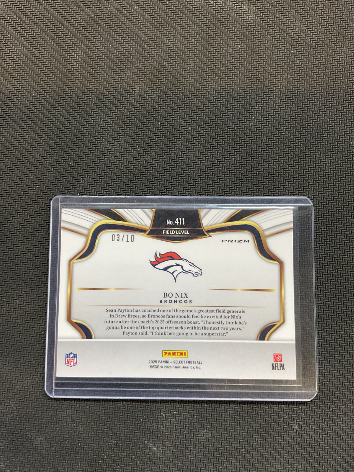 2025 Panini Select Bo Nix Field Level Gold /10 Broncos
